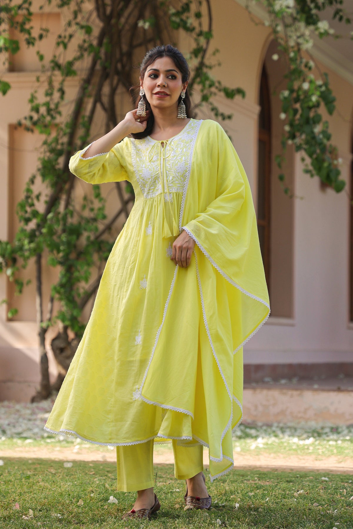 Yellow Jacquard Cotton Chikankari Anarkali Set
