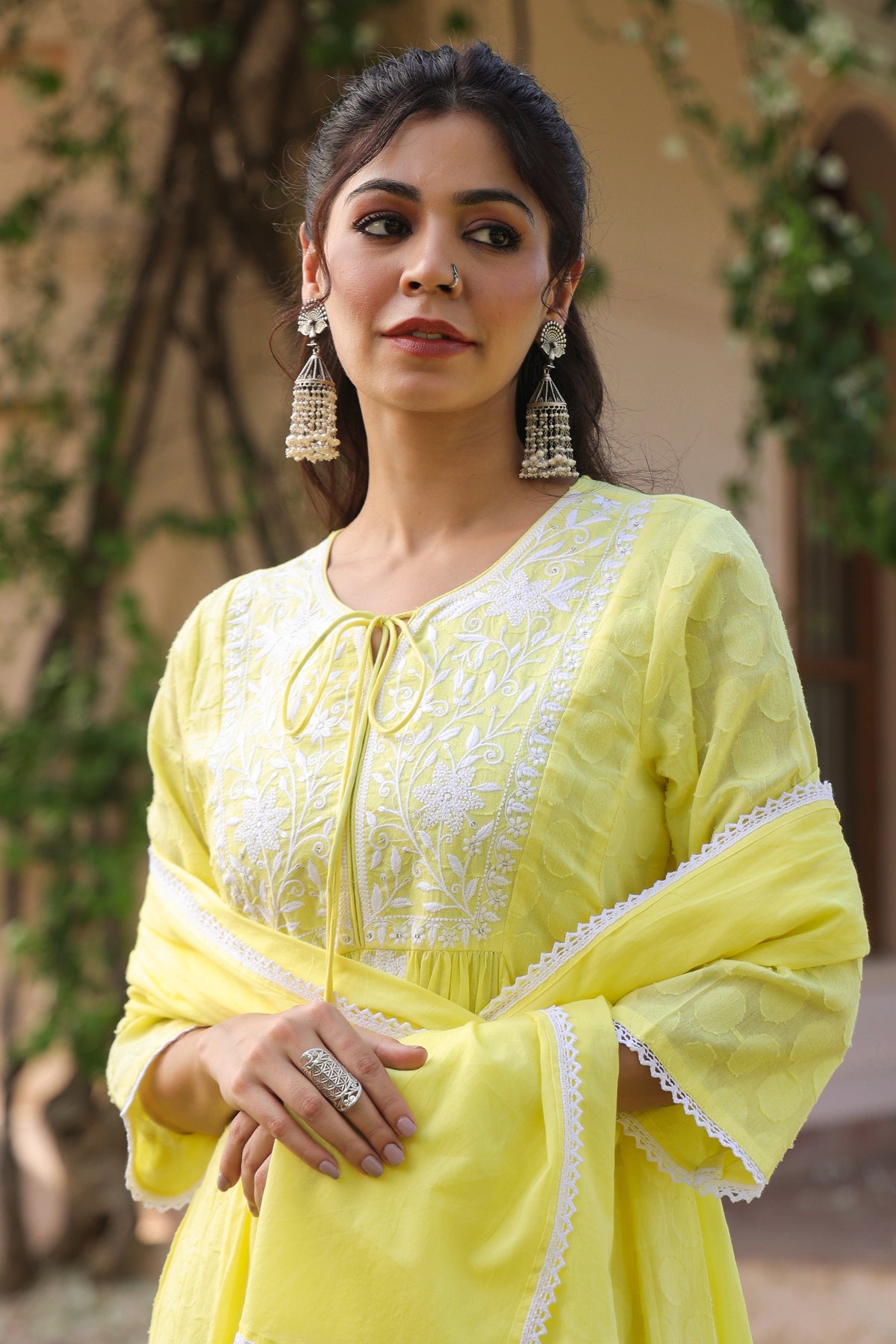 Yellow Jacquard Cotton Chikankari Anarkali Set