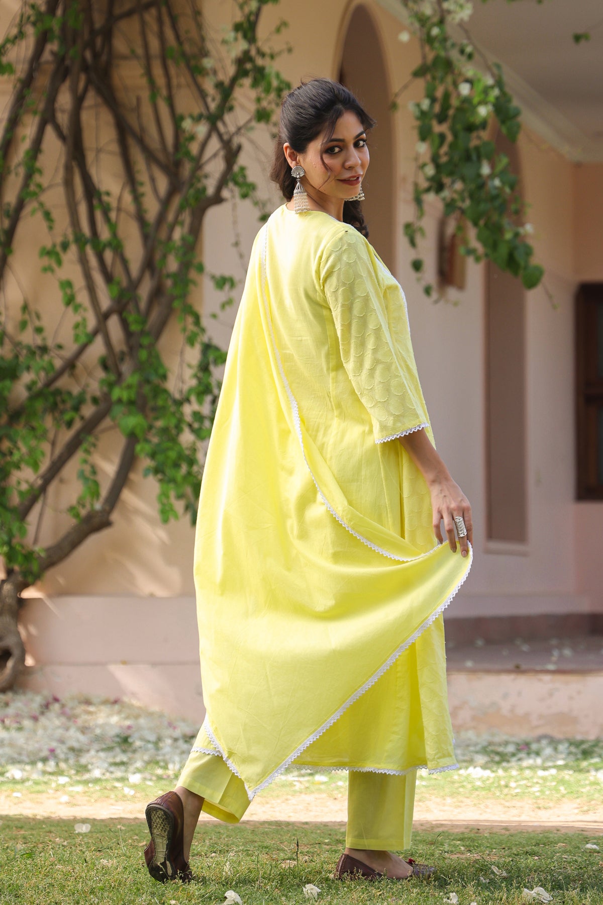 Yellow Jacquard Cotton Chikankari Anarkali Set