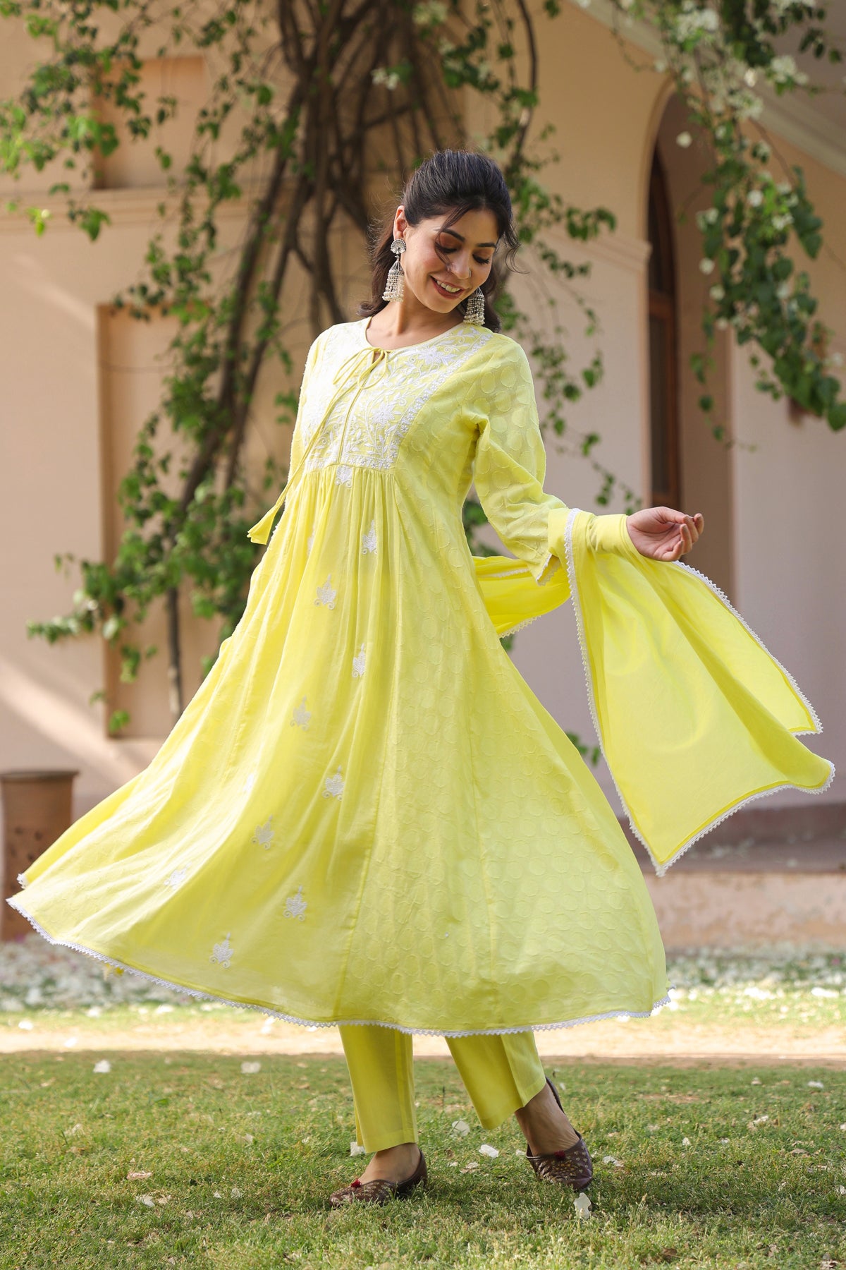Yellow Jacquard Cotton Chikankari Anarkali Set