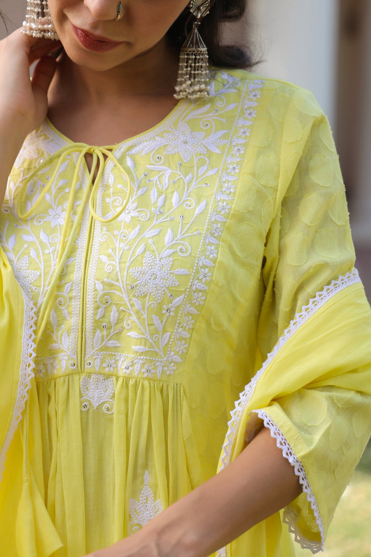 Yellow Jacquard Cotton Chikankari Anarkali Set