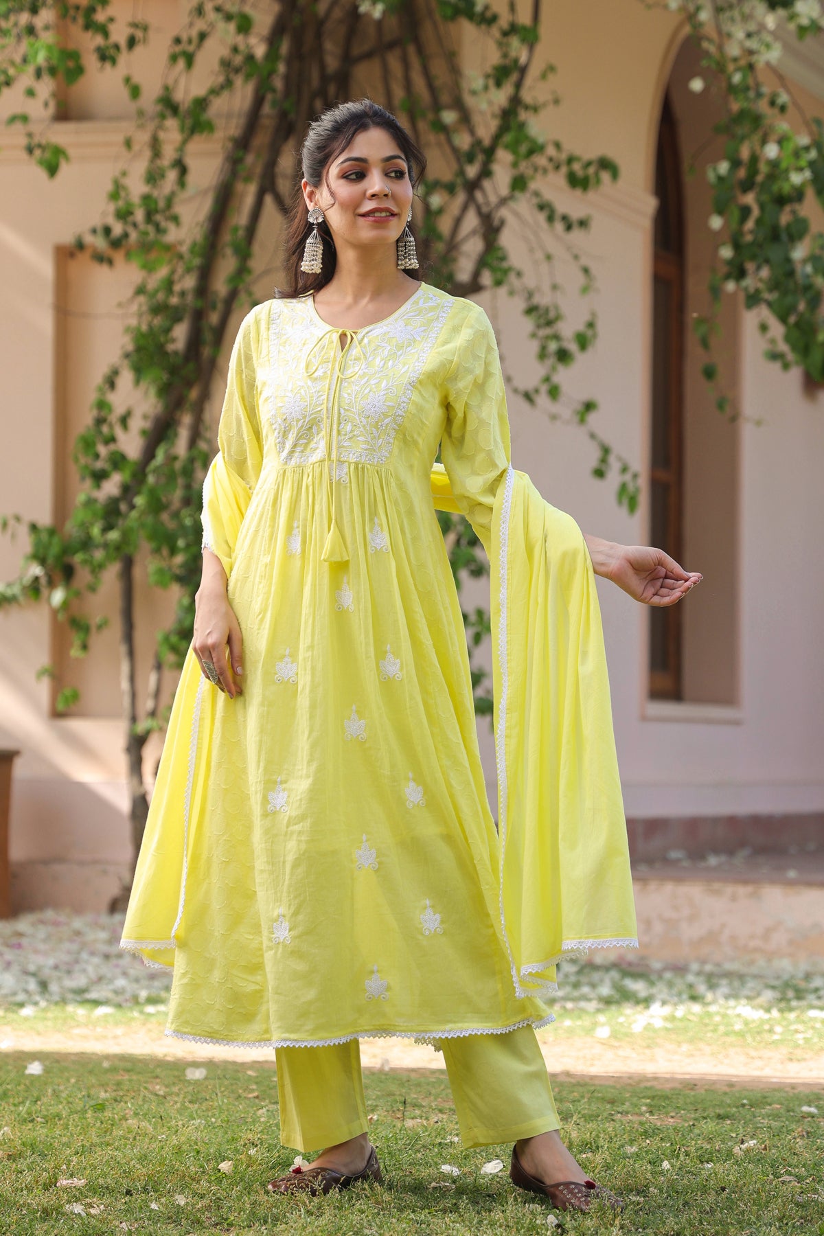 Yellow Jacquard Cotton Chikankari Anarkali Set