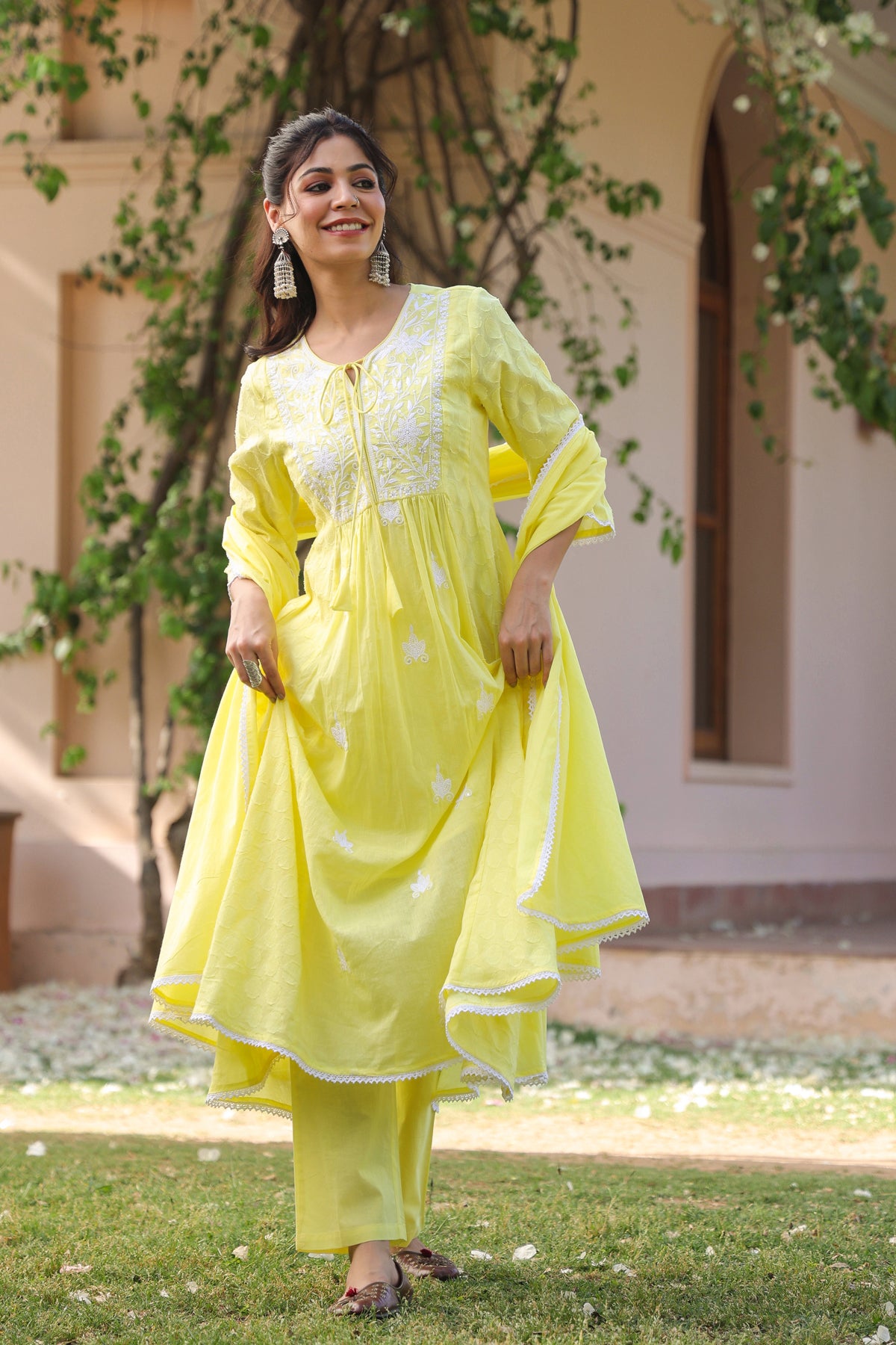 Yellow Jacquard Cotton Chikankari Anarkali Set