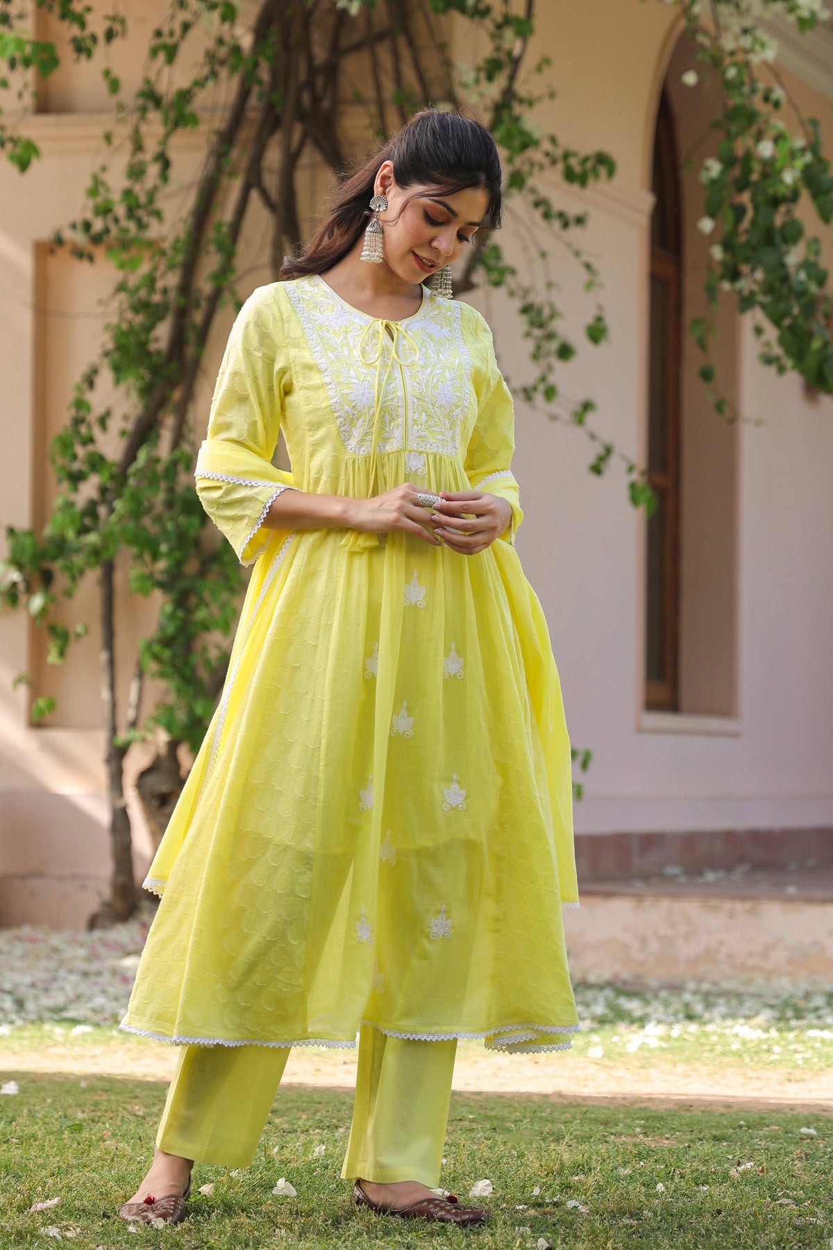 Yellow Jacquard Cotton Chikankari Anarkali Set