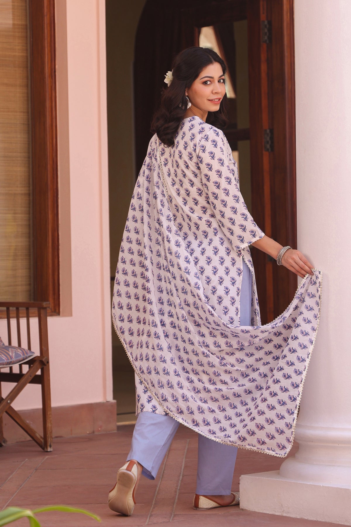 Blue Cotton Cambric Block-Printed Embroidered Straight Suit Set