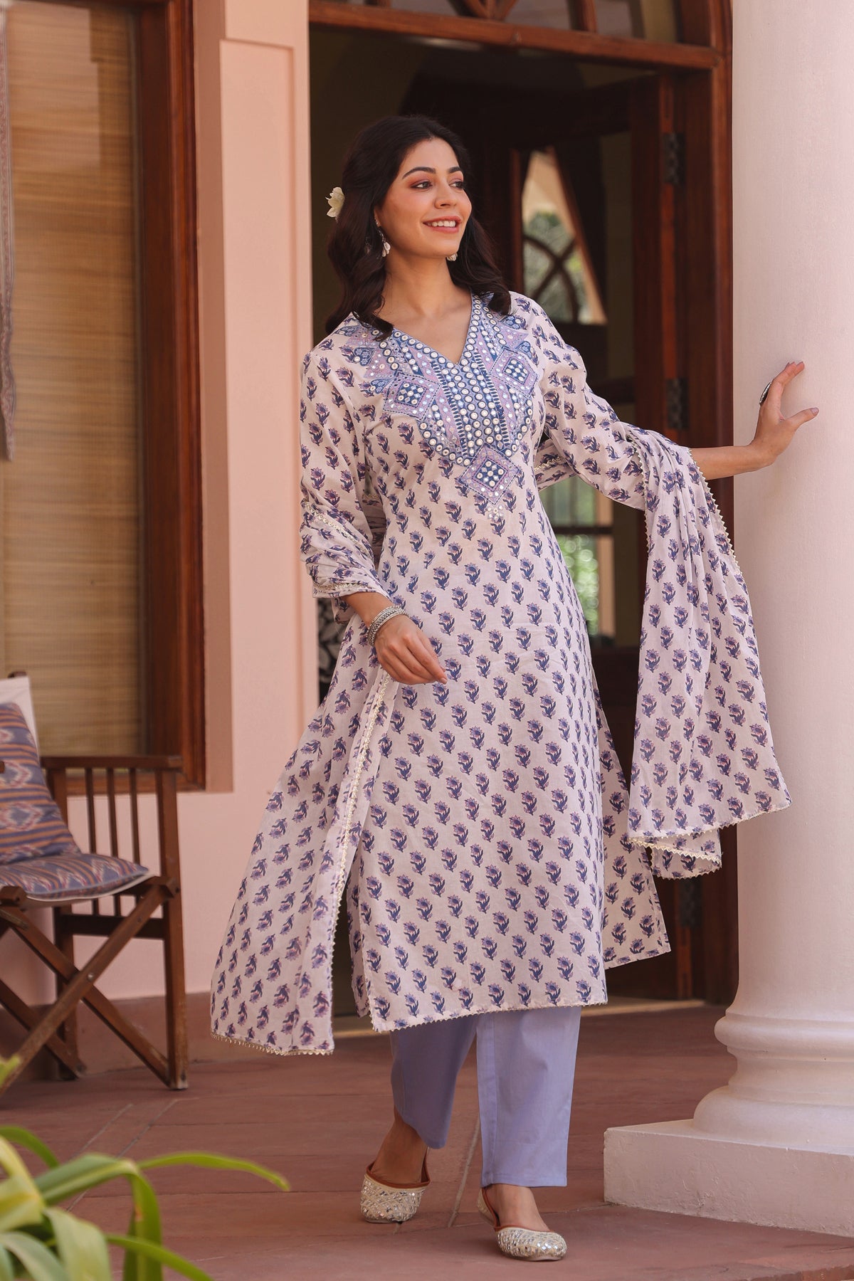 Blue Cotton Cambric Block-Printed Embroidered Straight Suit Set