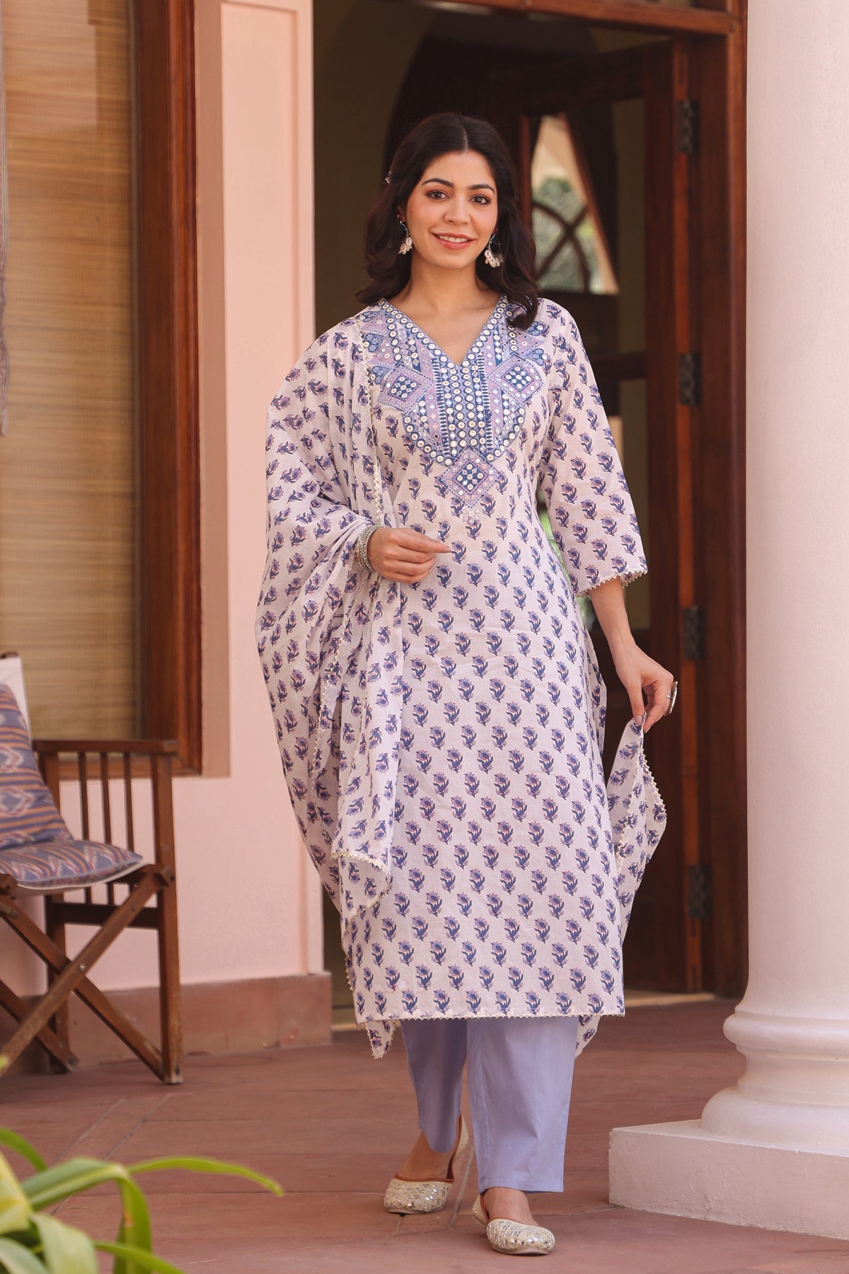 Blue Cotton Cambric Block-Printed Embroidered Straight Suit Set