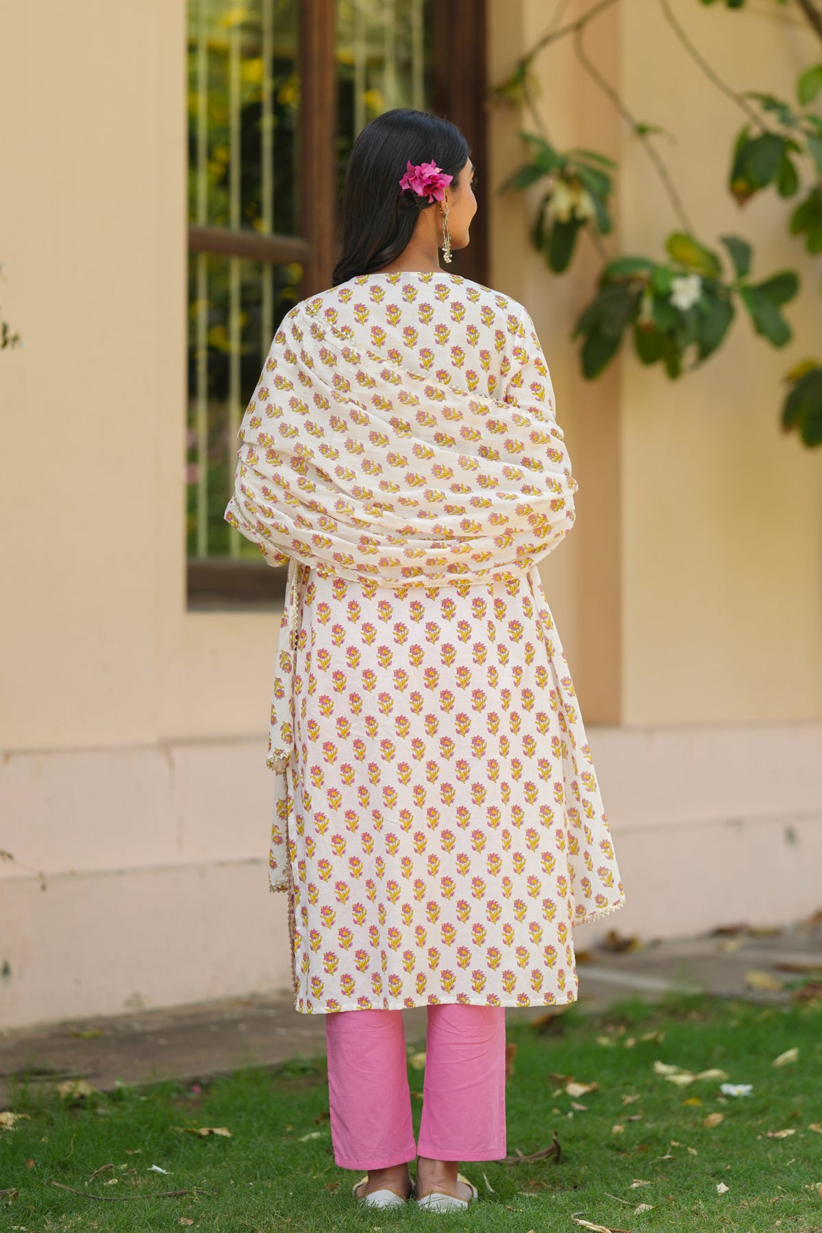 Coral Cotton Cambric Block-Printed Embroidered Straight Suit Set