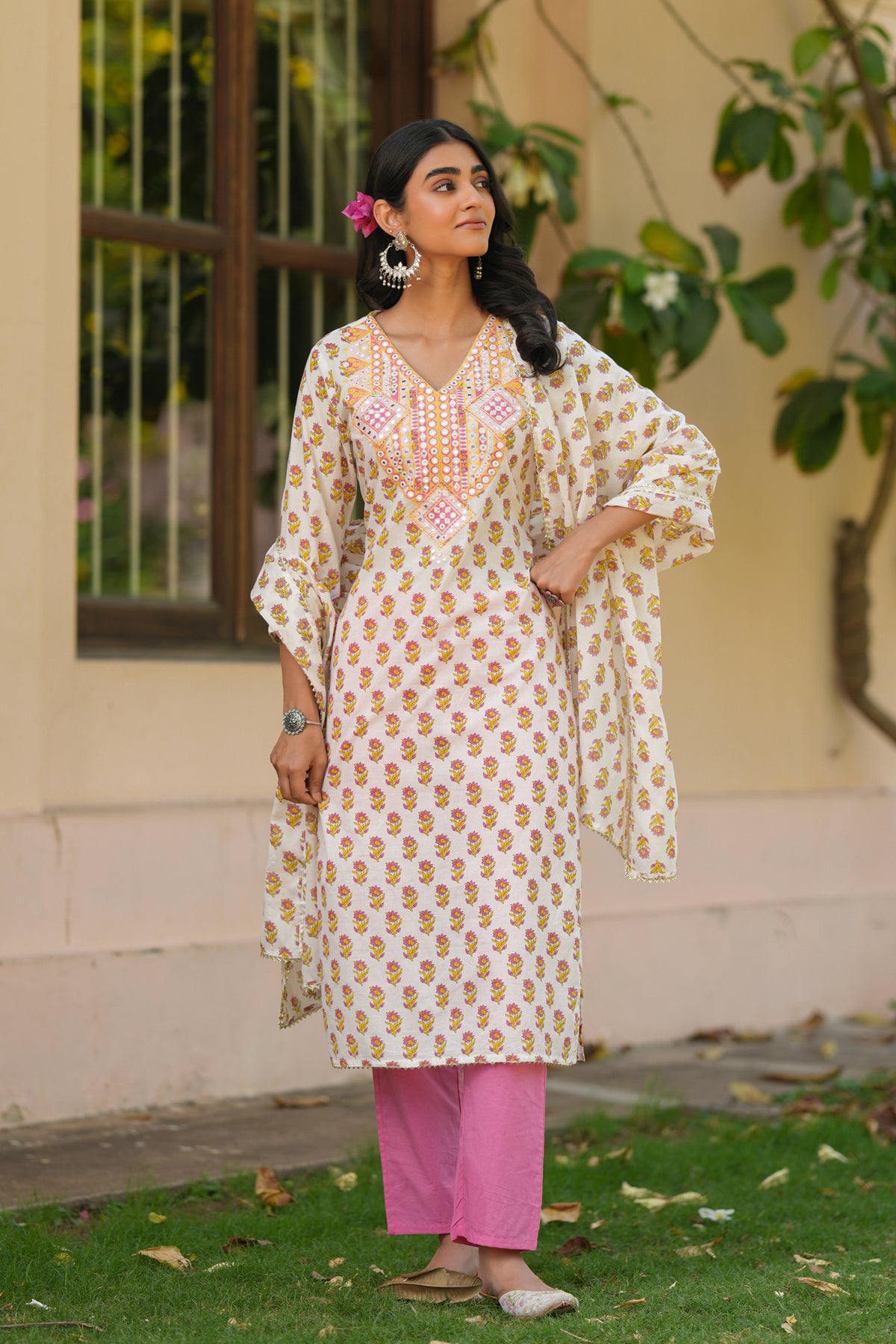 Coral Cotton Cambric Block-Printed Embroidered Straight Suit Set
