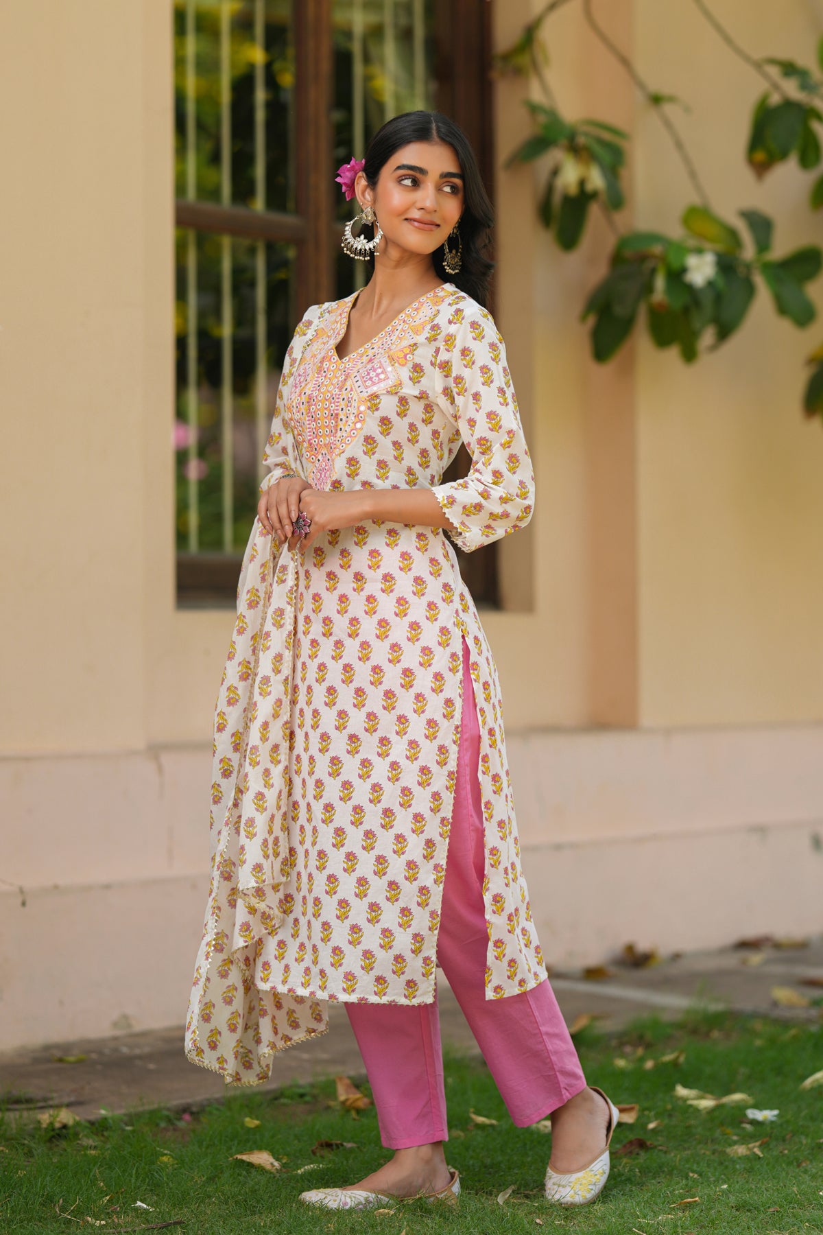Coral Cotton Cambric Block-Printed Embroidered Straight Suit Set