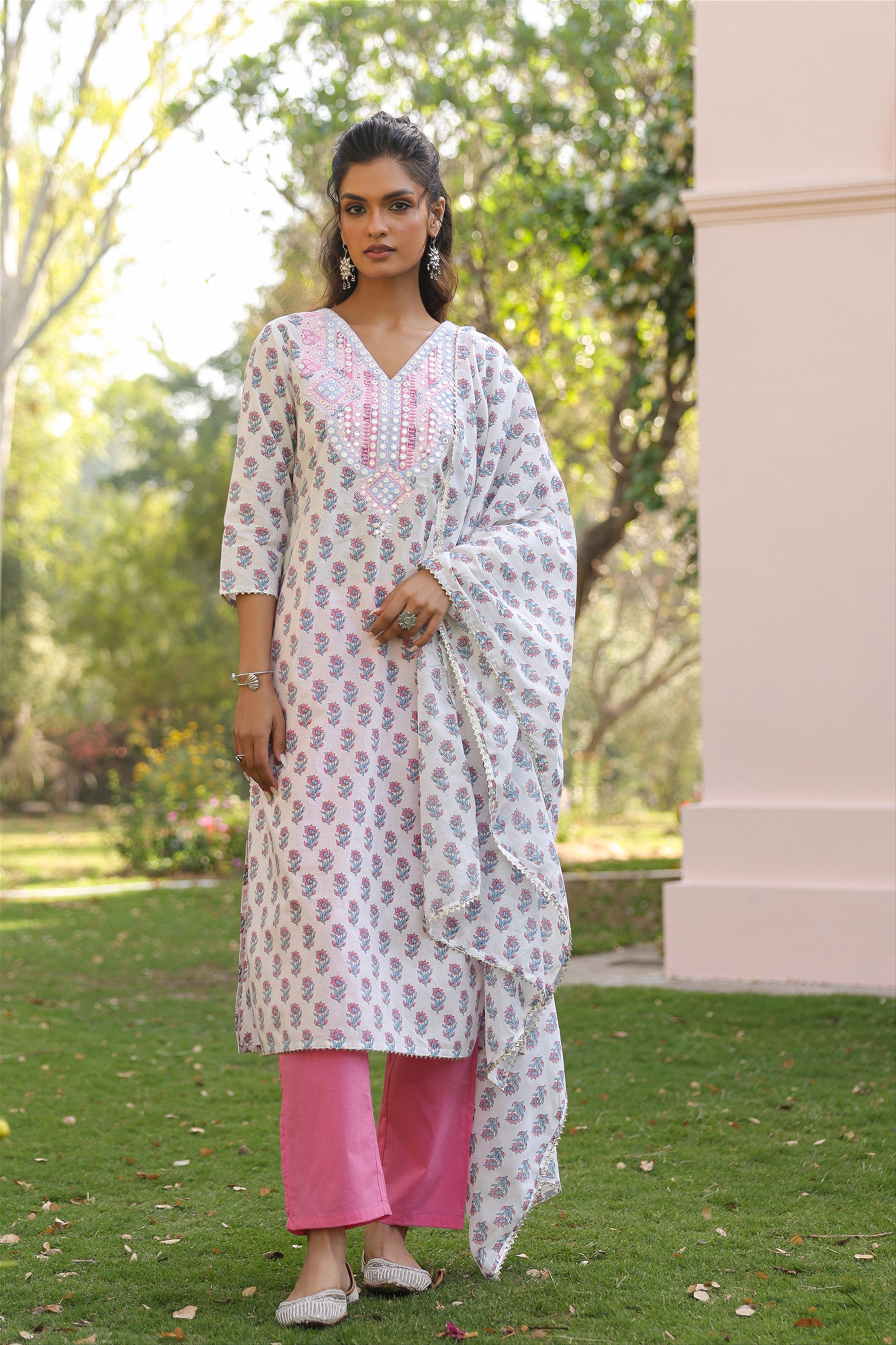 Pink Cotton Cambric Block-Printed Embroidered Straight Suit Set