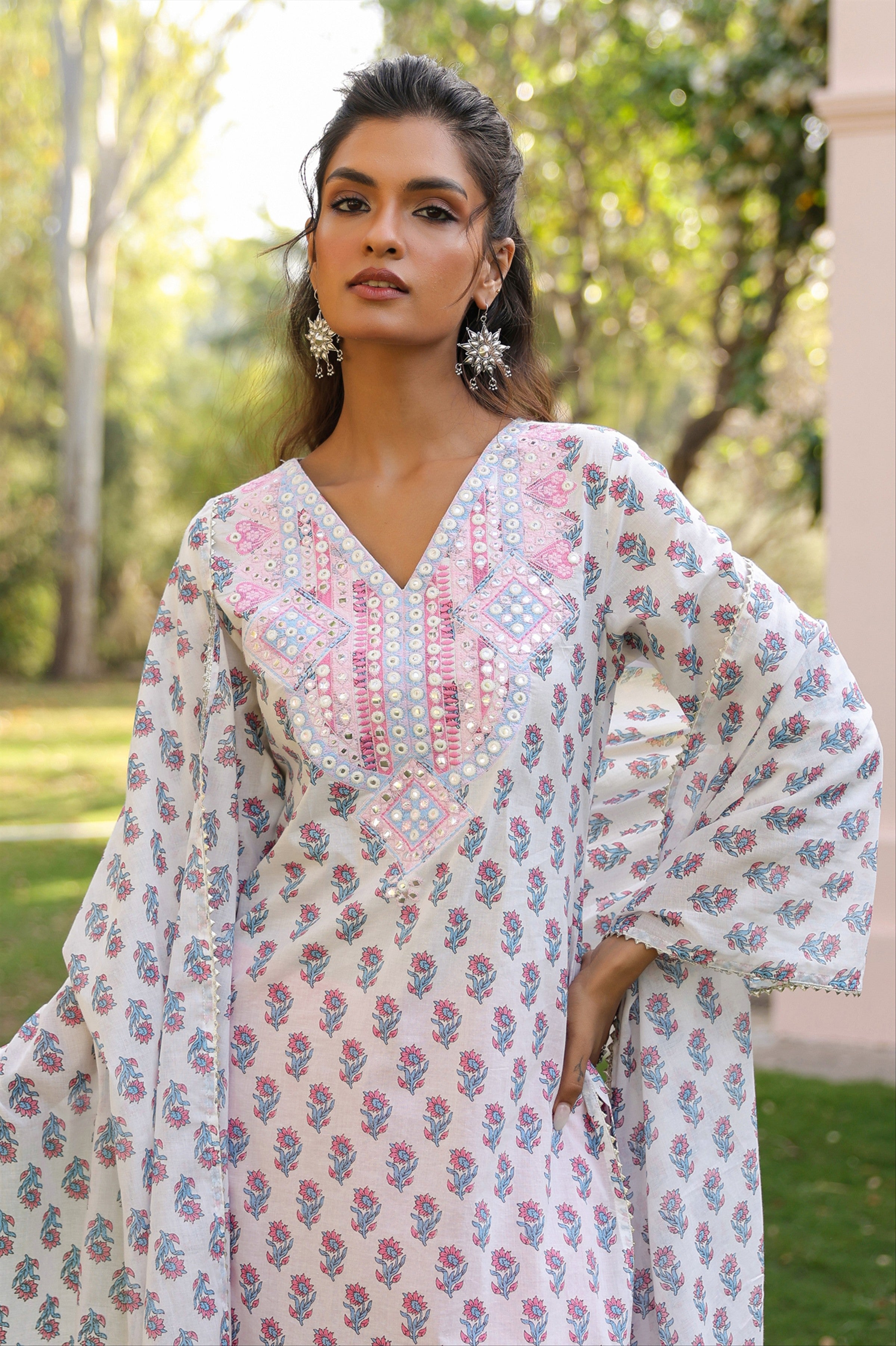 Pink Cotton Cambric Block-Printed Embroidered Straight Suit Set