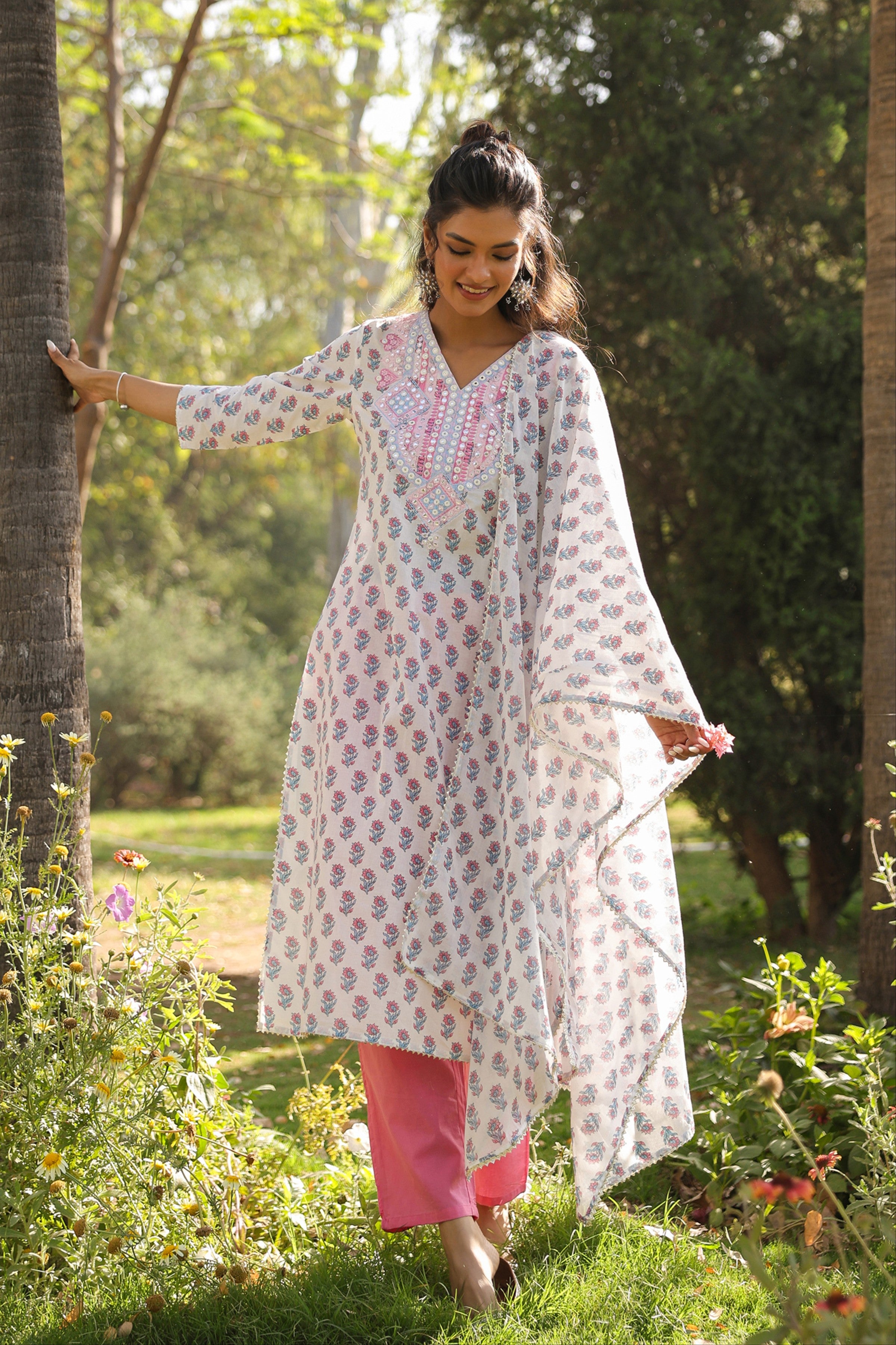 Pink Cotton Cambric Block-Printed Embroidered Straight Suit Set