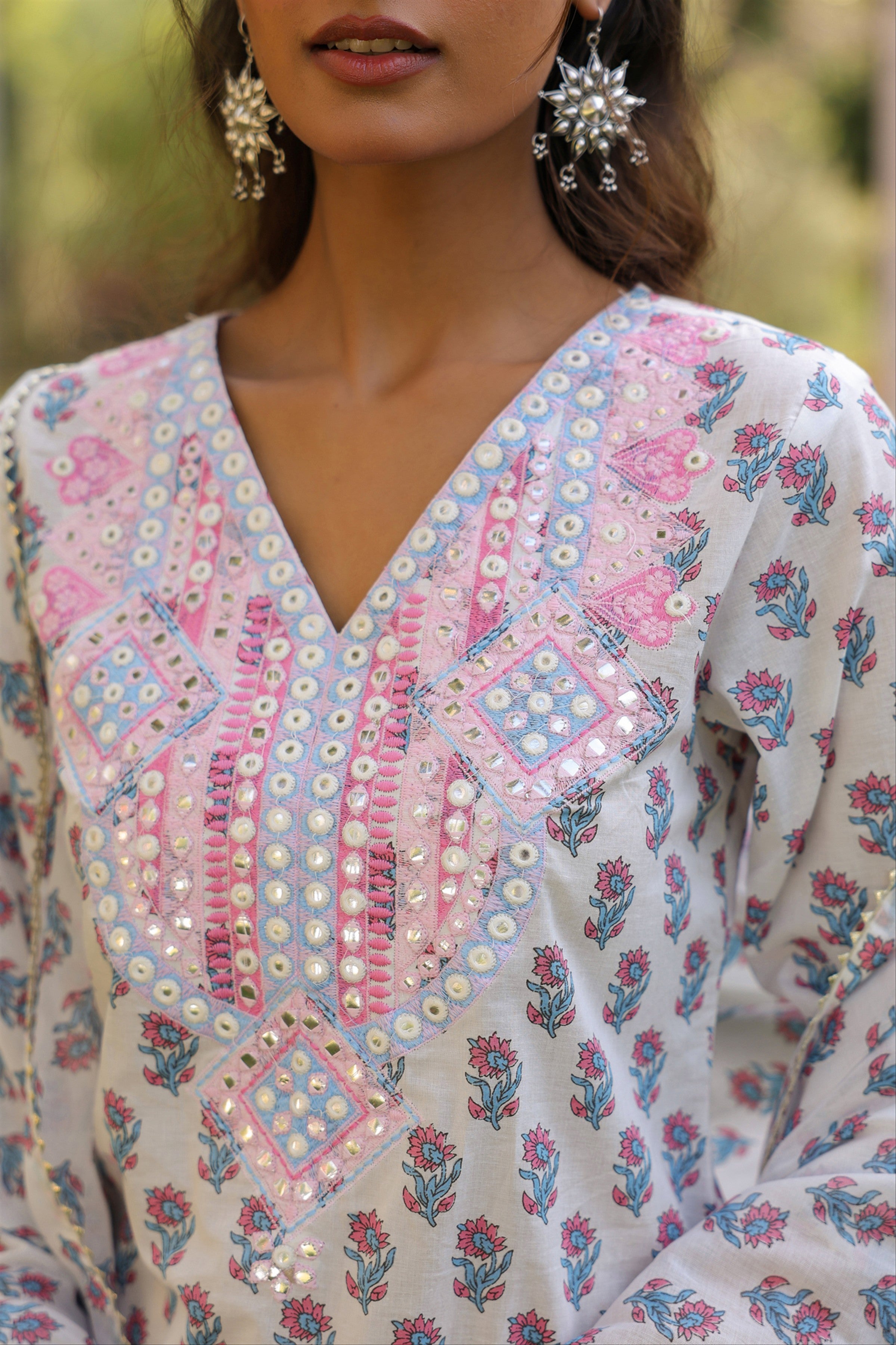 Pink Cotton Cambric Block-Printed Embroidered Straight Suit Set