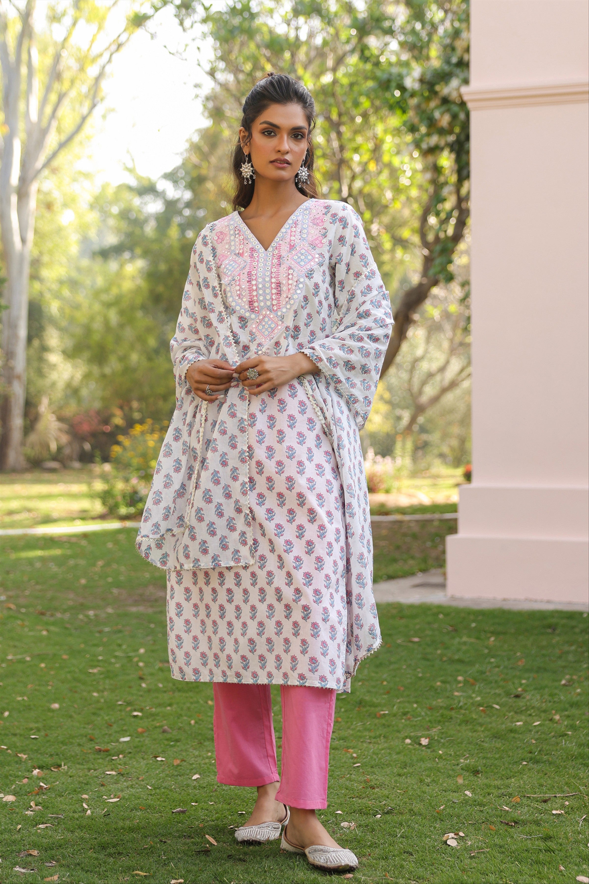 Pink Cotton Cambric Block-Printed Embroidered Straight Suit Set