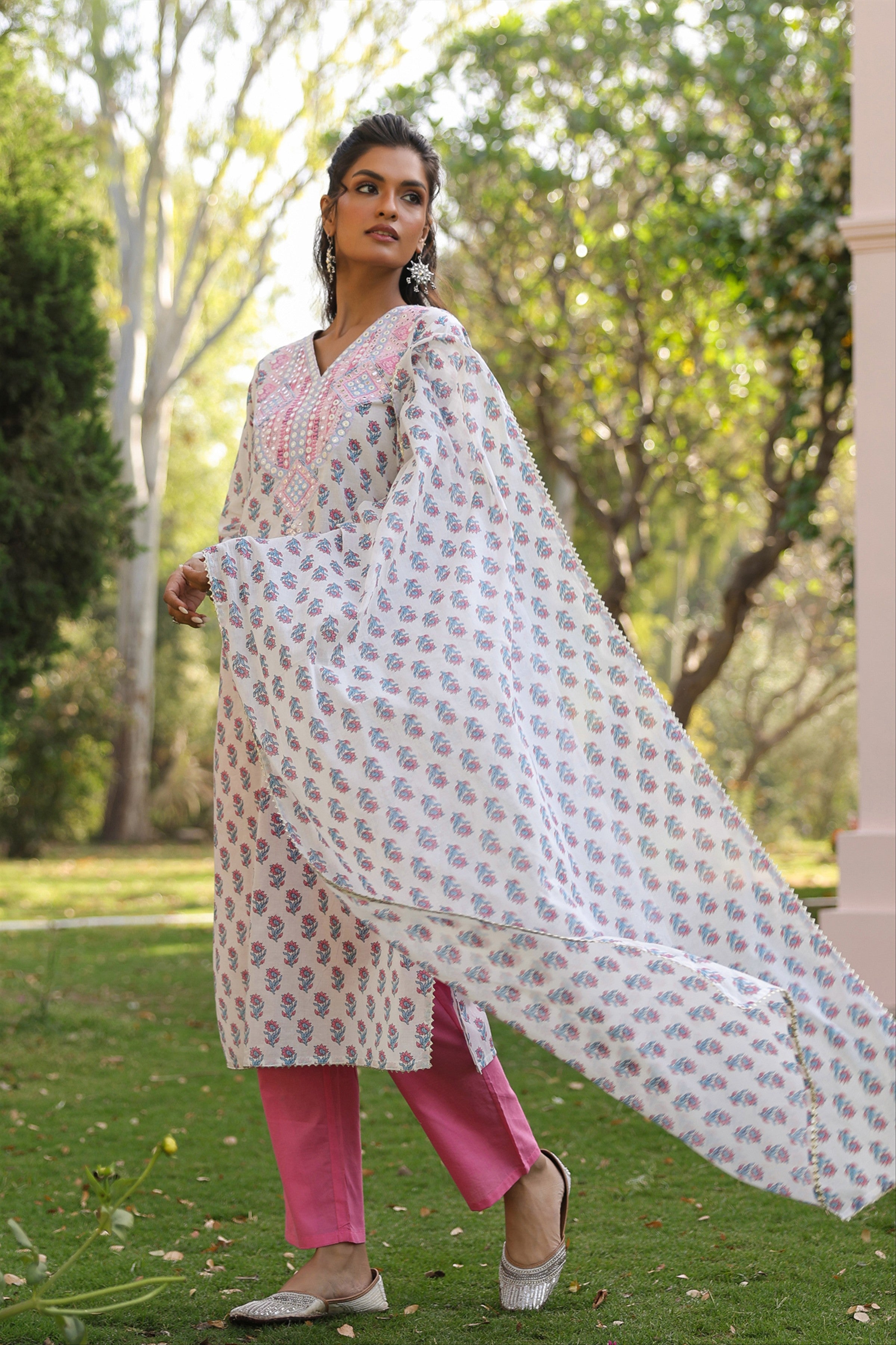 Pink Cotton Cambric Block-Printed Embroidered Straight Suit Set