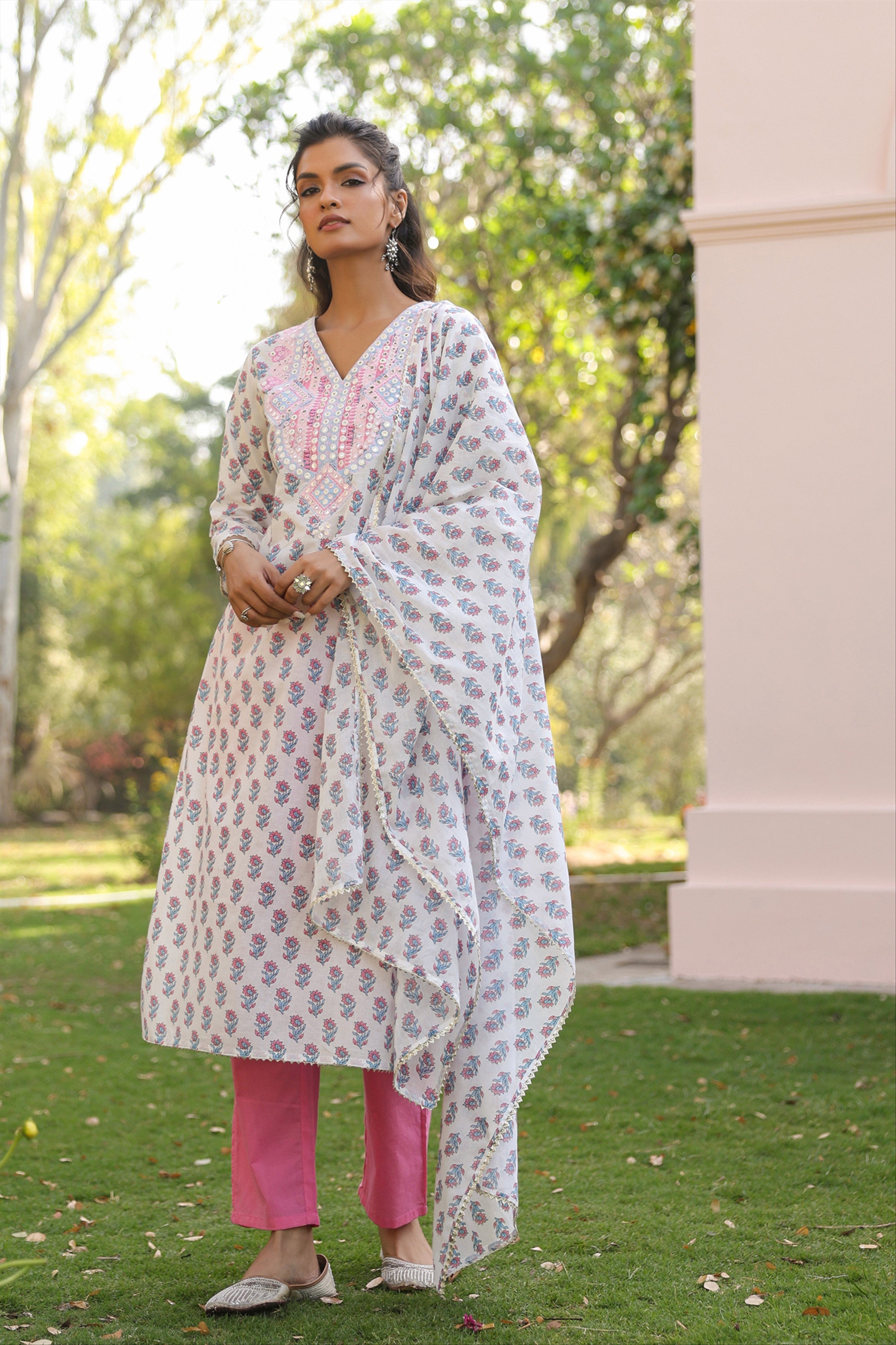 Pink Cotton Cambric Block-Printed Embroidered Straight Suit Set