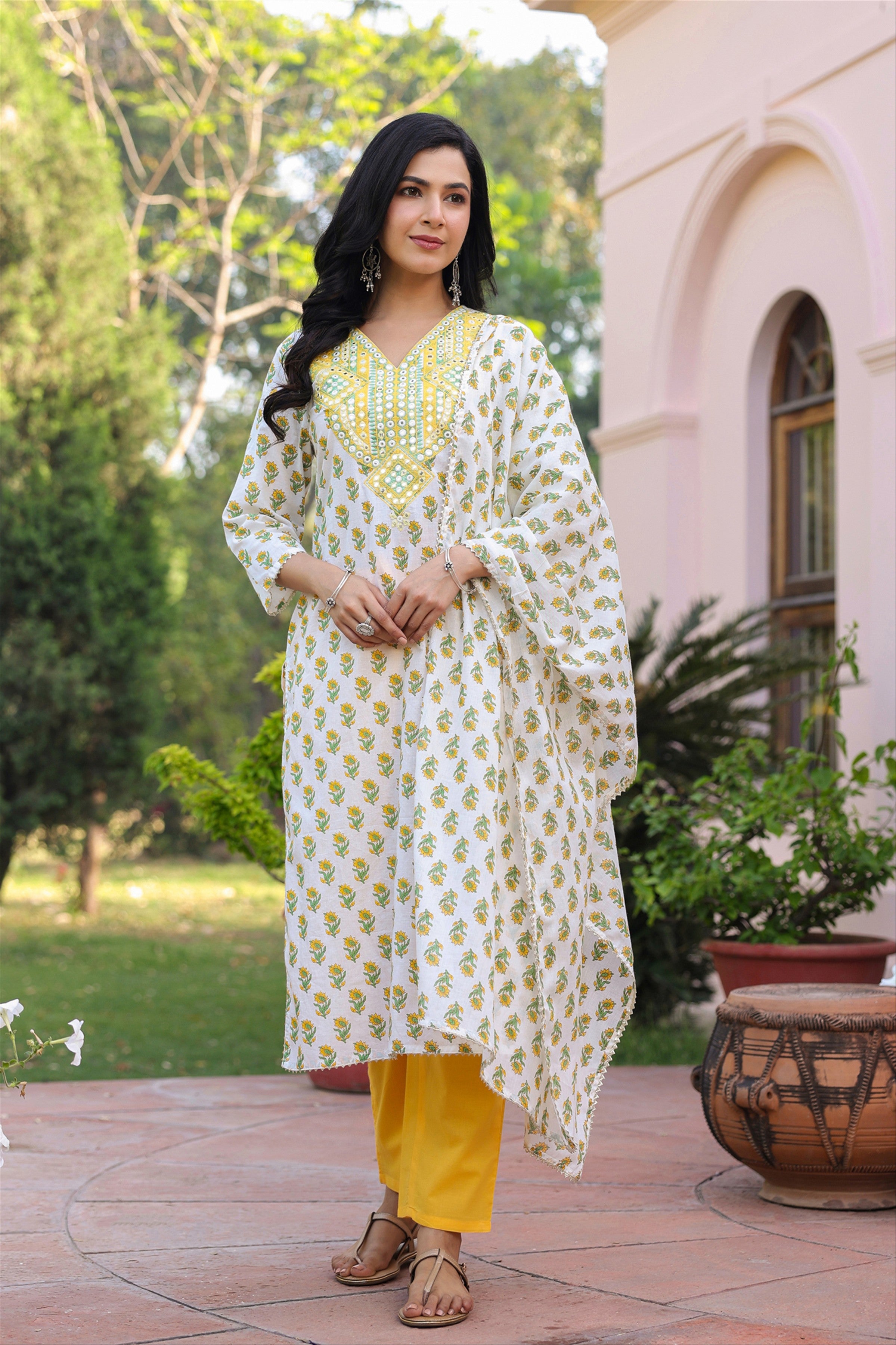 Yellow Cotton Cambric Block-Printed Embroidered Straight Suit Set