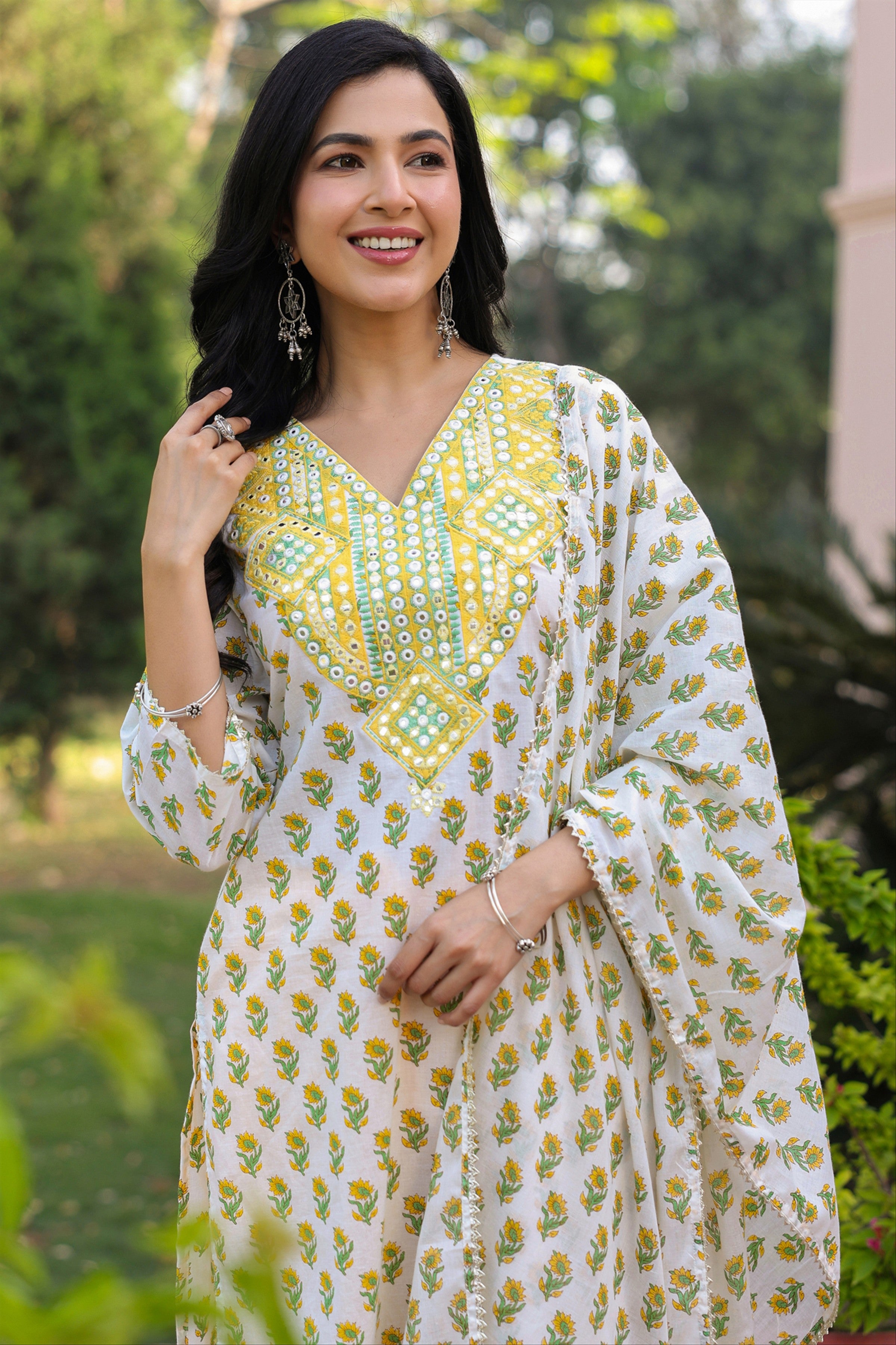 Yellow Cotton Cambric Block-Printed Embroidered Straight Suit Set