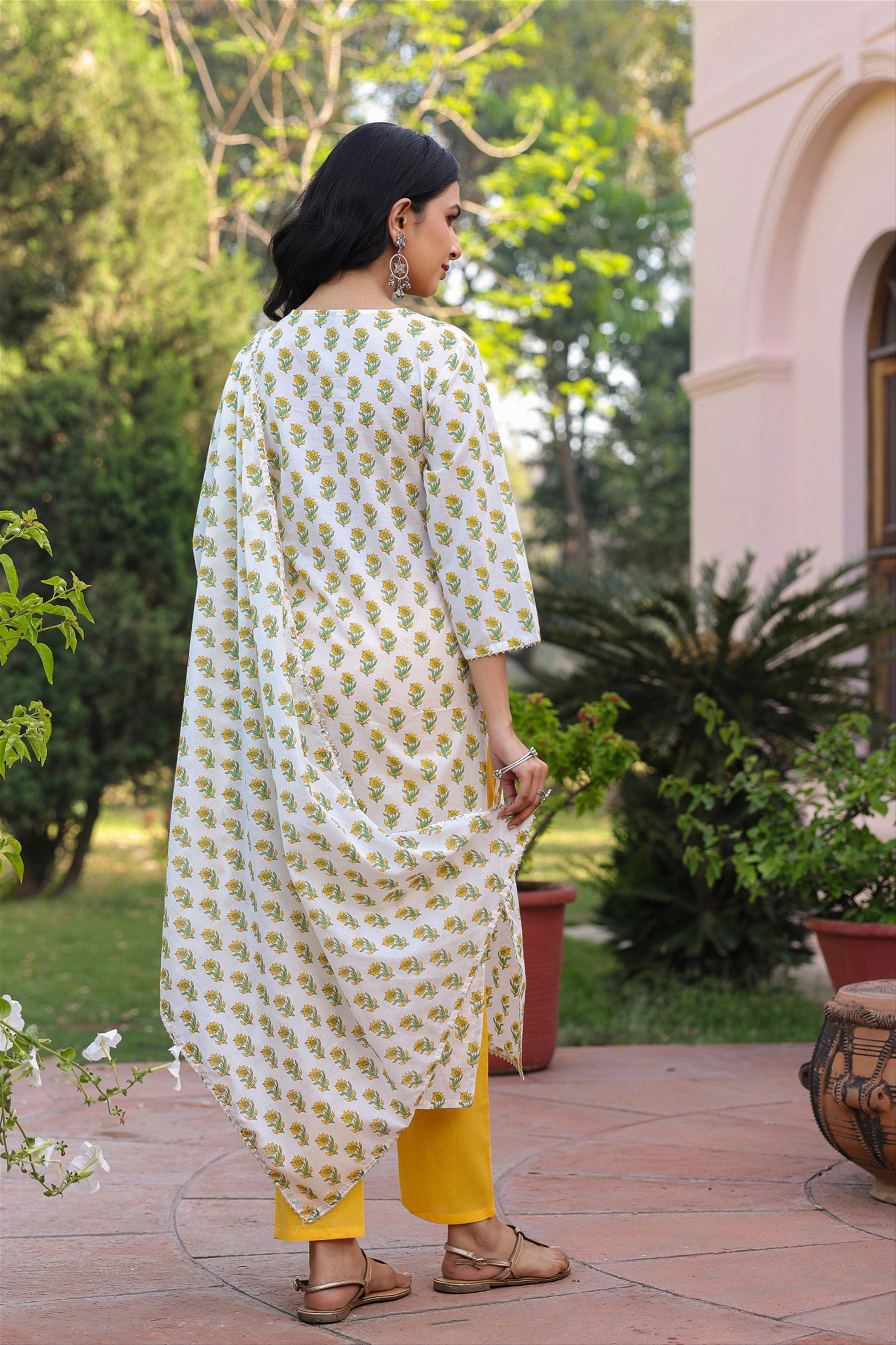 Yellow Cotton Cambric Block-Printed Embroidered Straight Suit Set