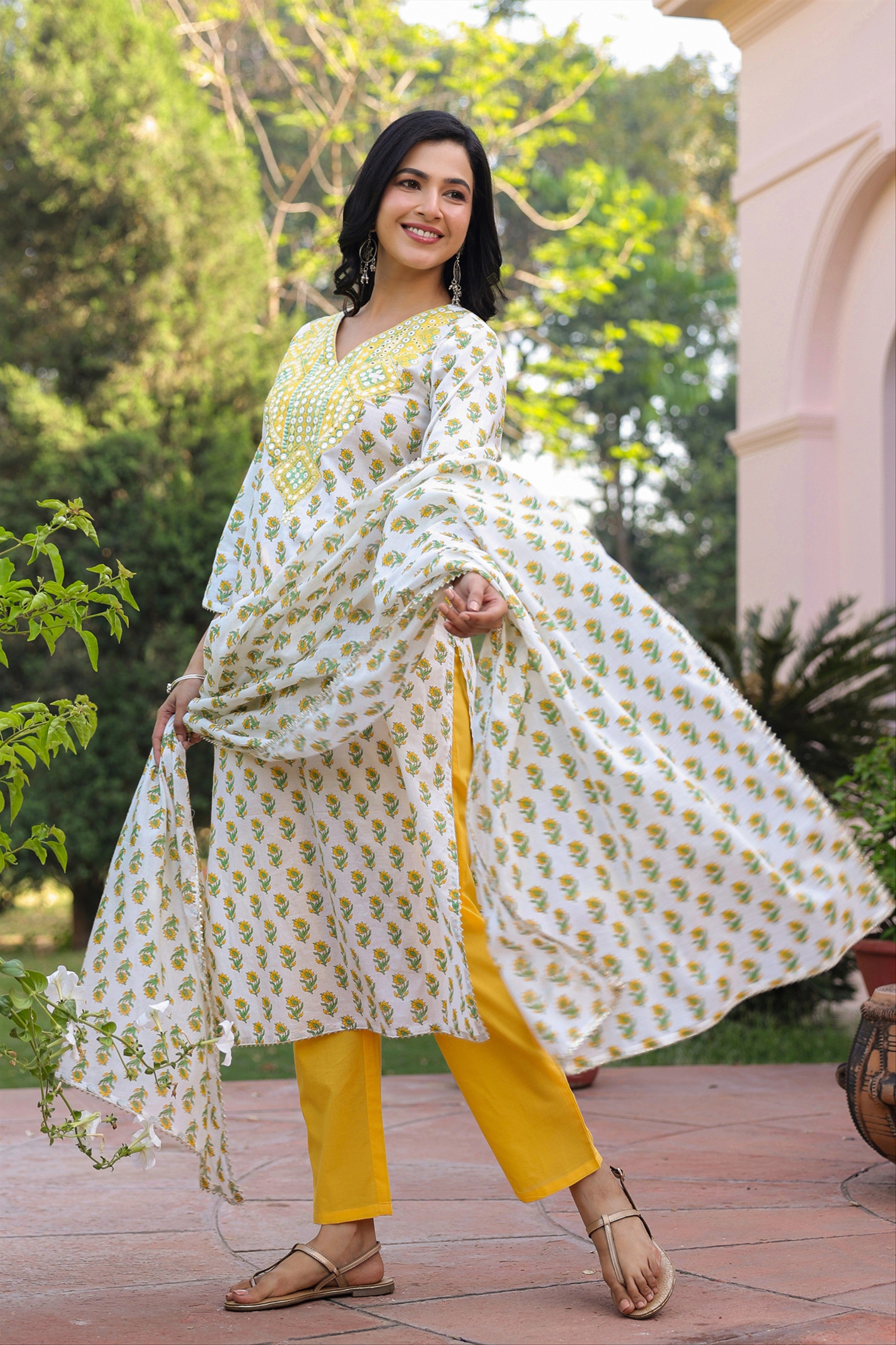 Yellow Cotton Cambric Block-Printed Embroidered Straight Suit Set