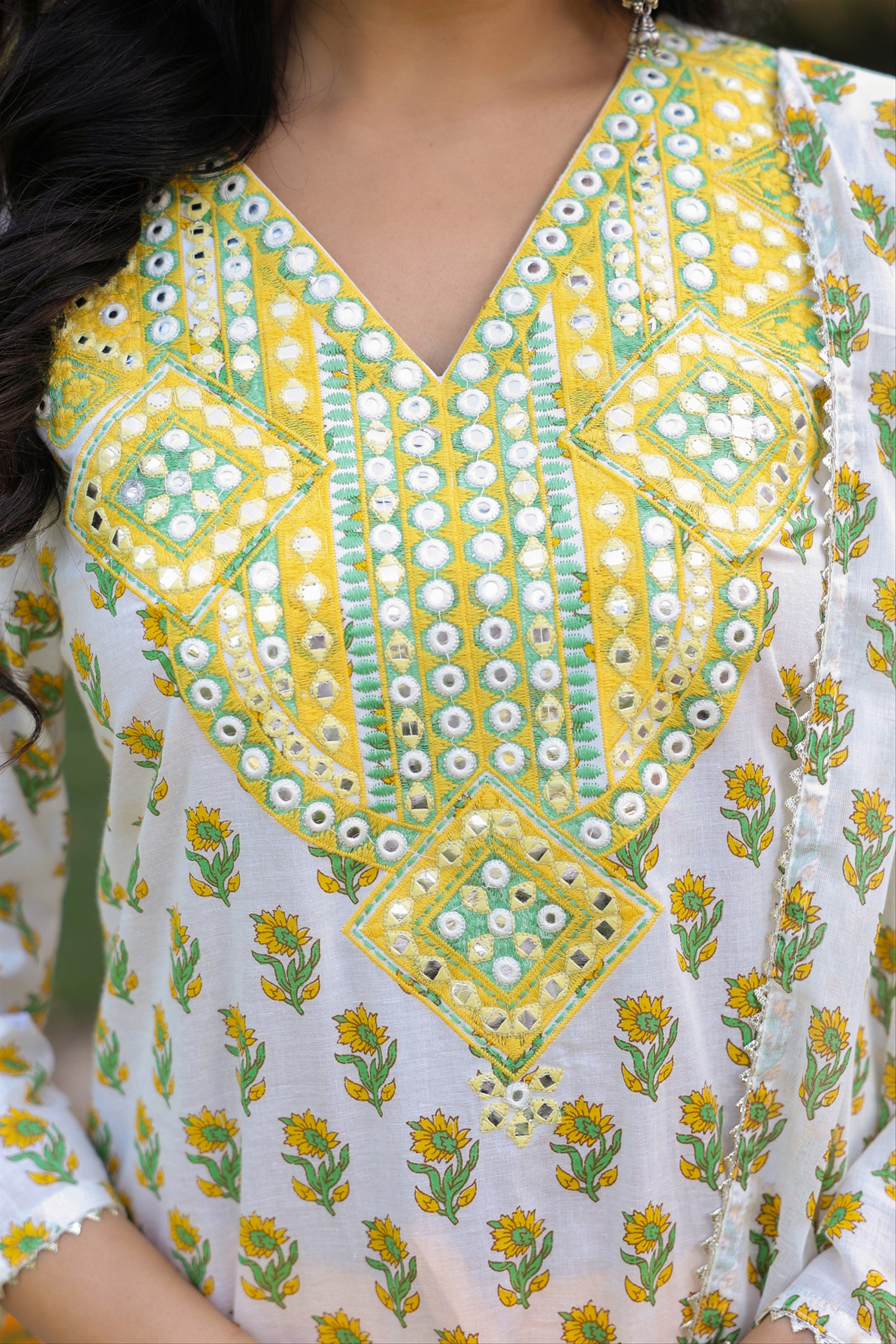 Yellow Cotton Cambric Block-Printed Embroidered Straight Suit Set