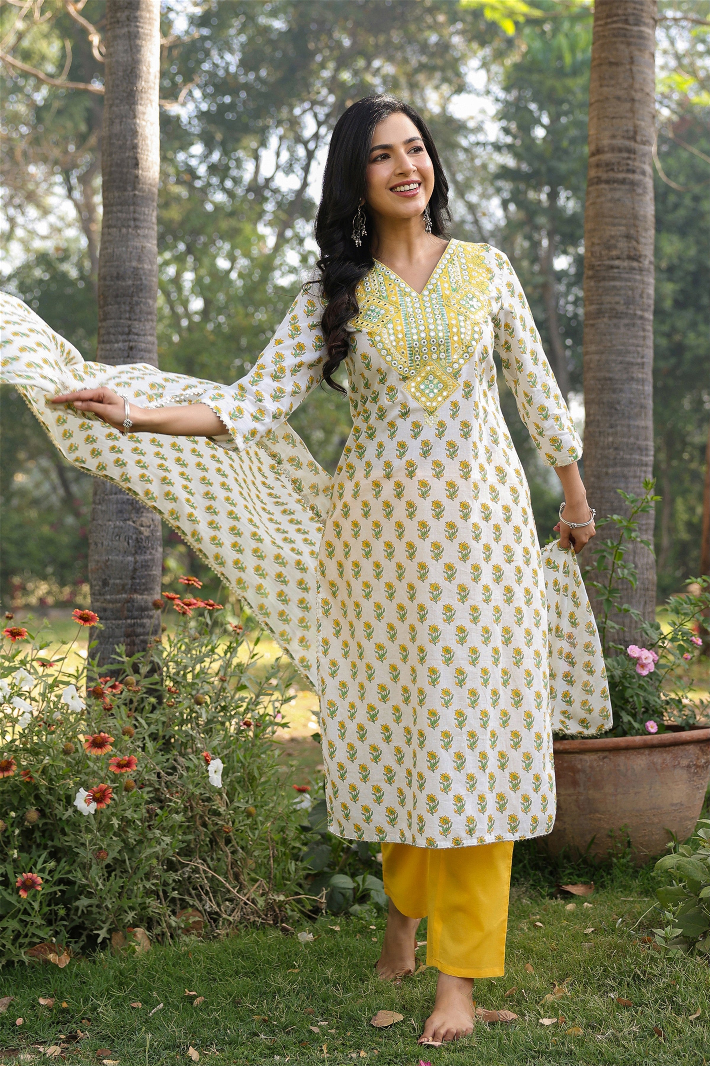 Yellow Cotton Cambric Block-Printed Embroidered Straight Suit Set