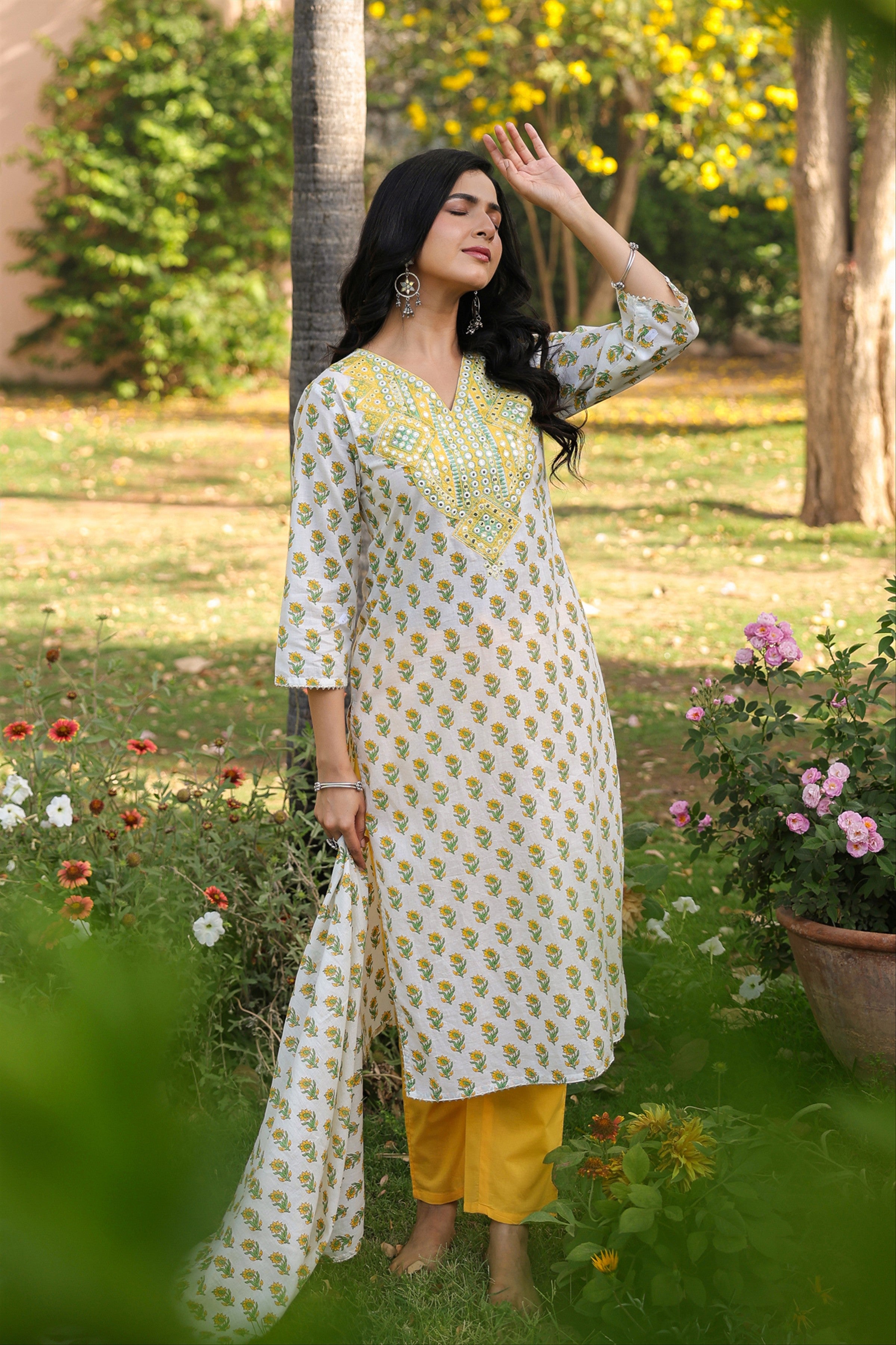 Yellow Cotton Cambric Block-Printed Embroidered Straight Suit Set