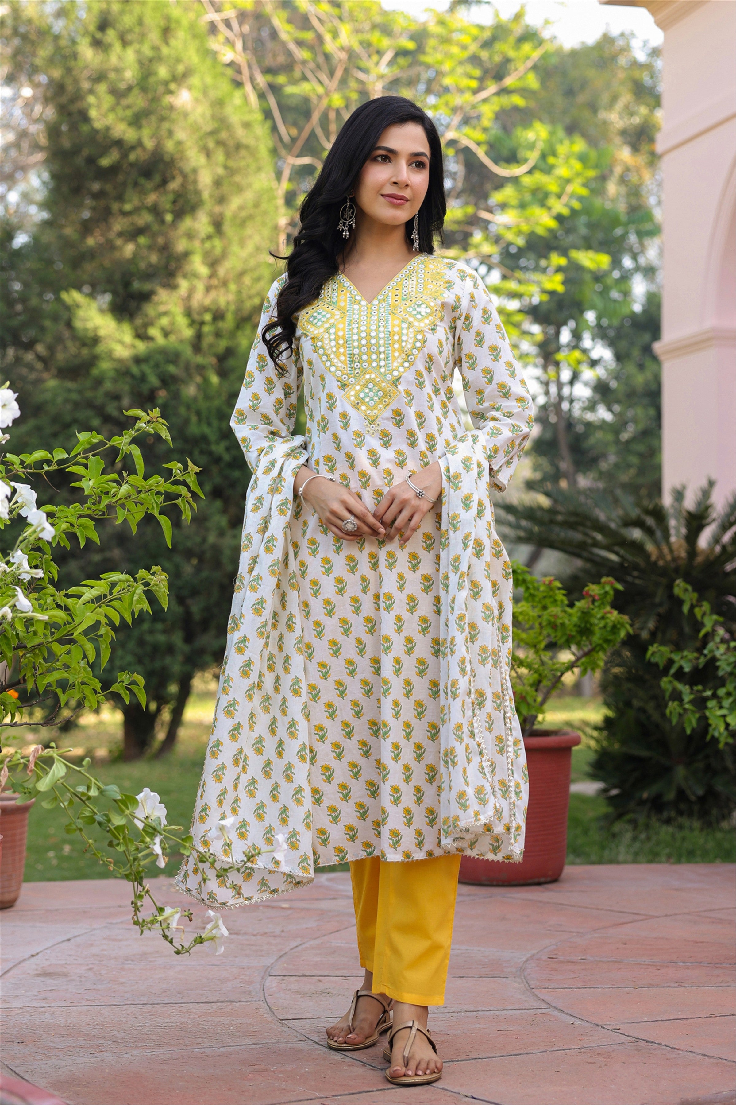 Yellow Cotton Cambric Block-Printed Embroidered Straight Suit Set