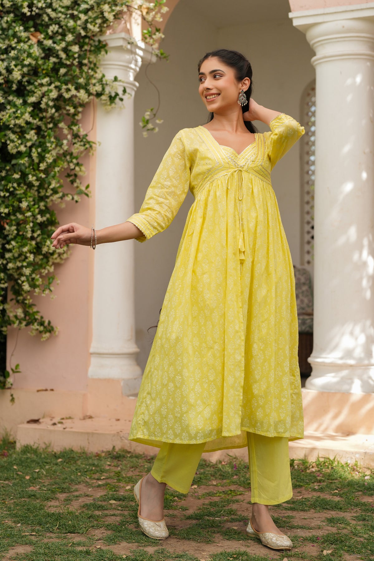 Yellow Cotton Mulmul Khari Printed Shrug, Kurta & Pant Set