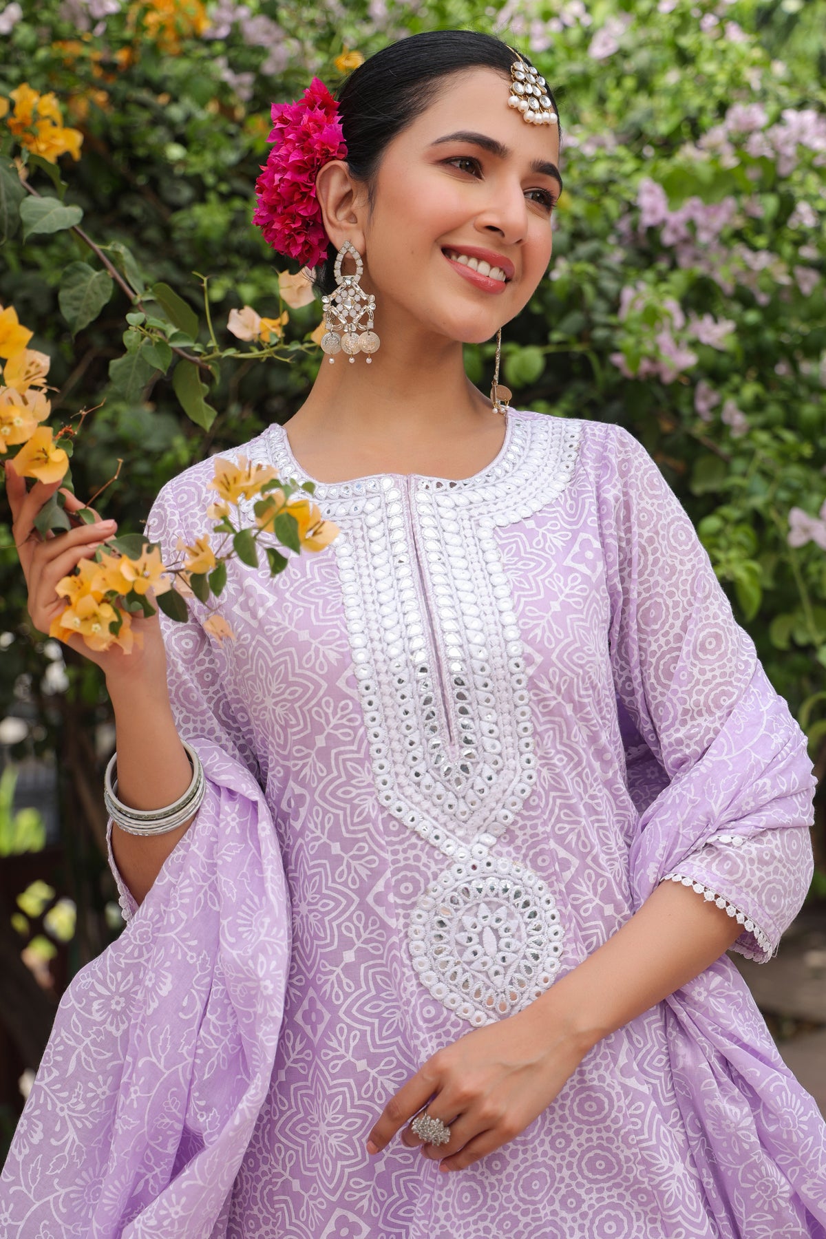 Lavender Cotton Mulmul Khari Printed Anarkali Set