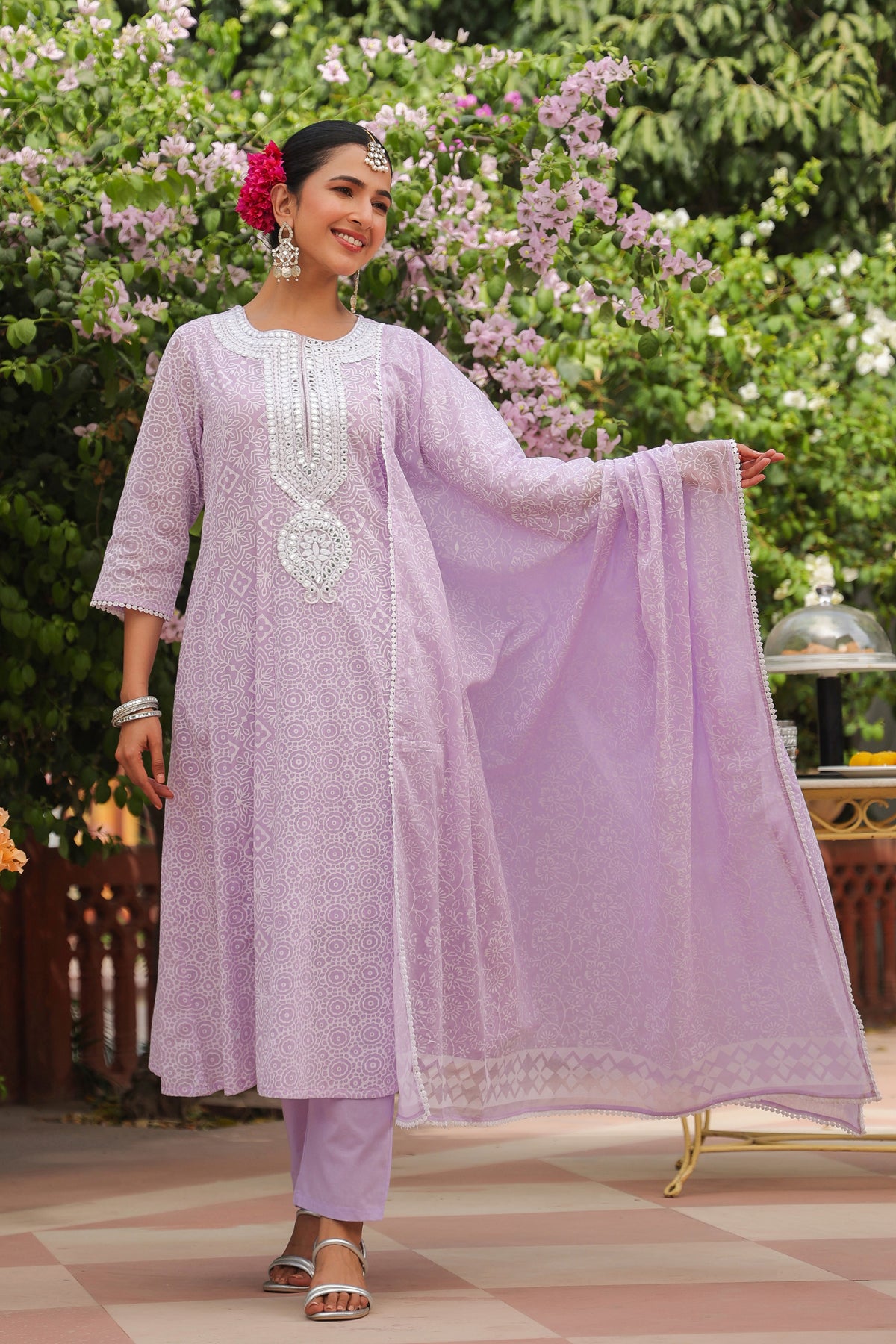 Lavender Cotton Mulmul Khari Printed Anarkali Set