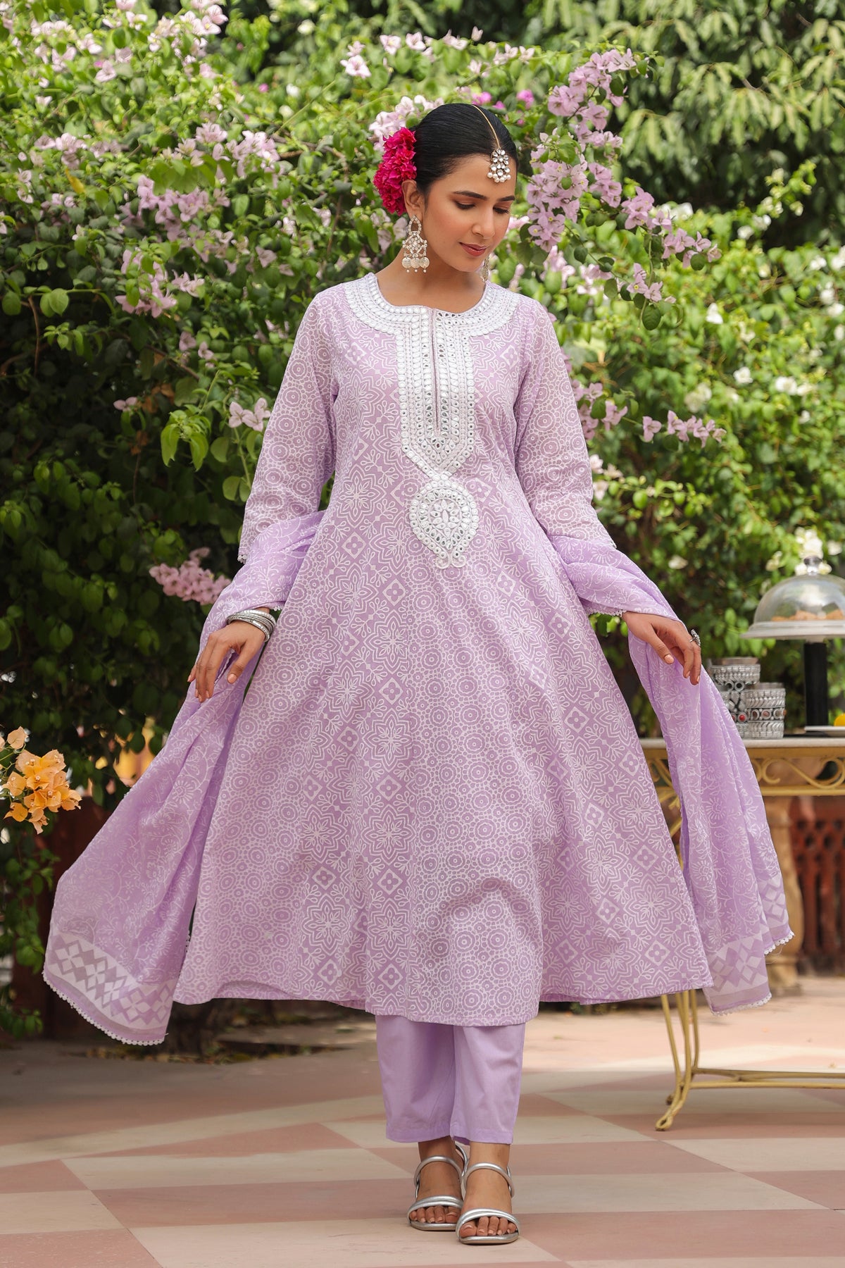 Lavender Cotton Mulmul Khari Printed Anarkali Set