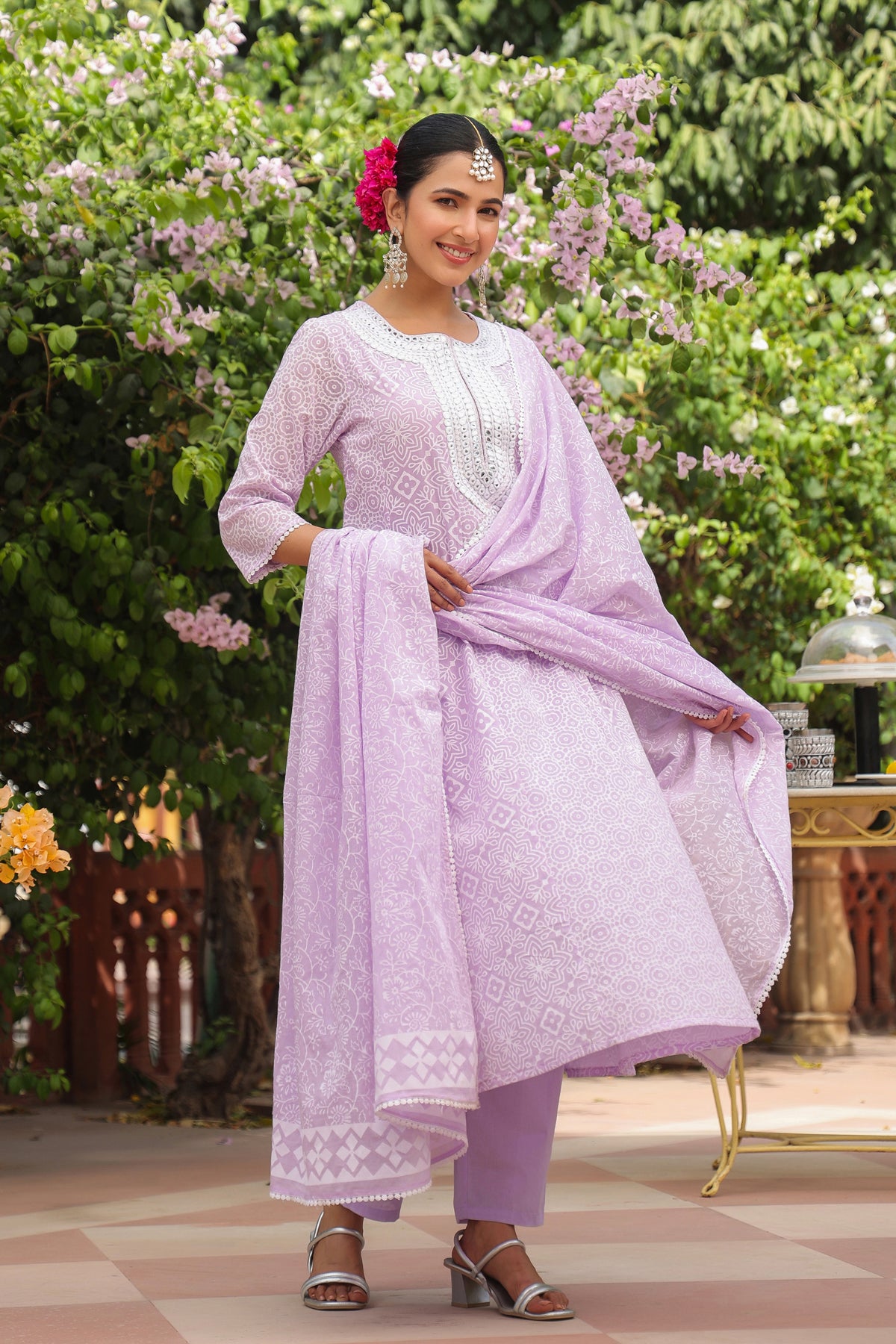 Lavender Cotton Mulmul Khari Printed Anarkali Set