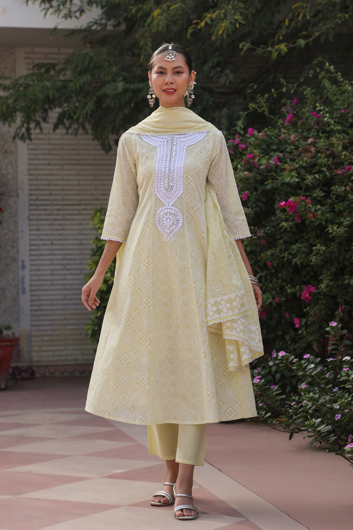 Lime Green Cotton Mulmul Khari Printed Anarkali Set