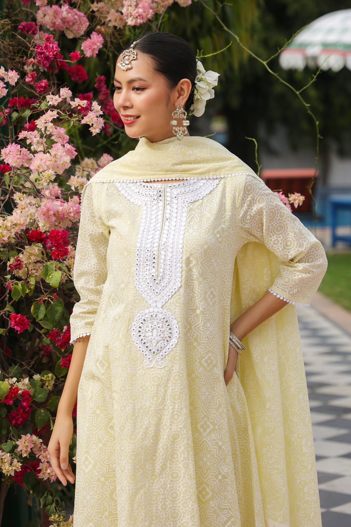 Lime Green Cotton Mulmul Khari Printed Anarkali Set