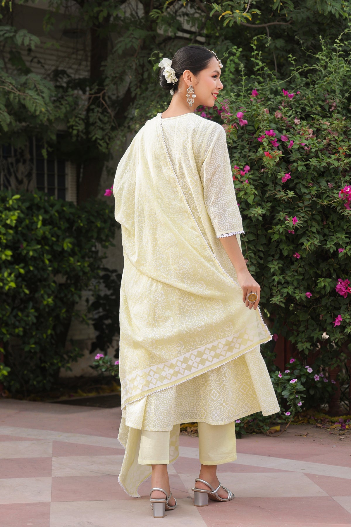Lime Green Cotton Mulmul Khari Printed Anarkali Set