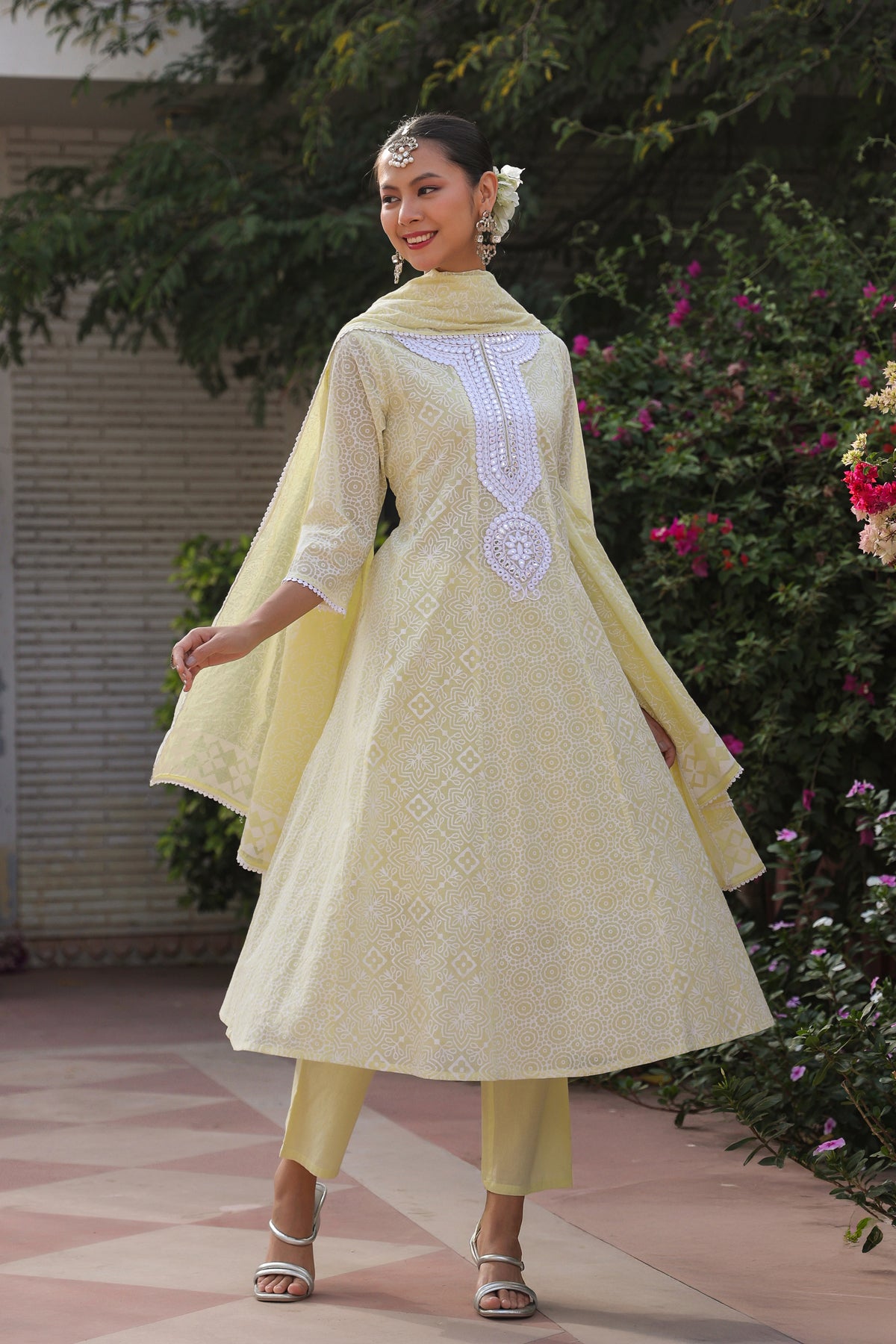 Lime Green Cotton Mulmul Khari Printed Anarkali Set