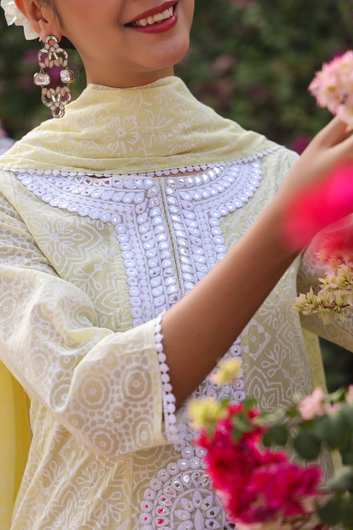 Lime Green Cotton Mulmul Khari Printed Anarkali Set