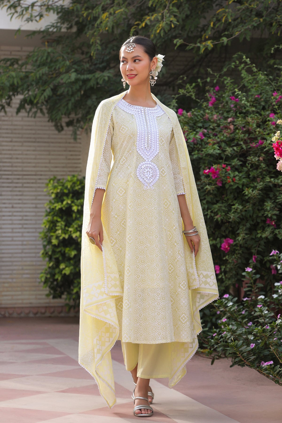 Lime Green Cotton Mulmul Khari Printed Anarkali Set