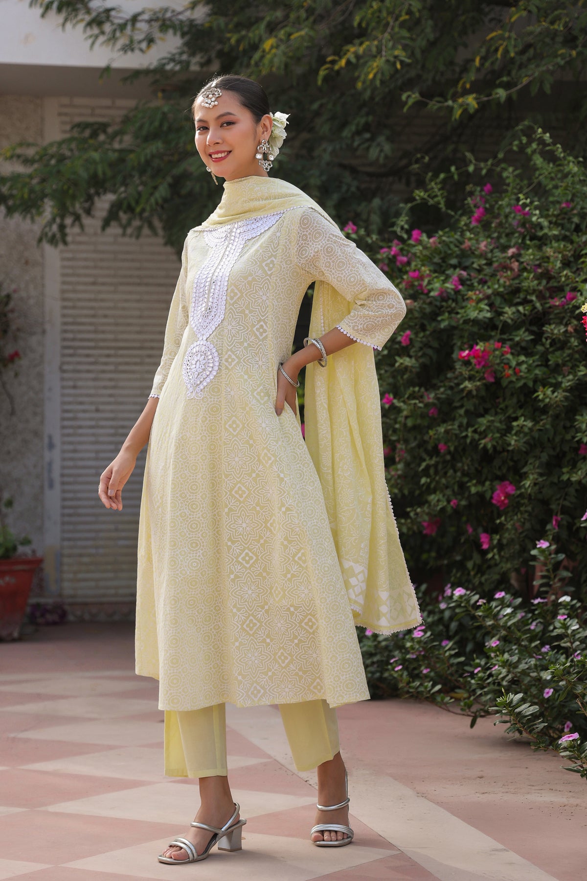 Lime Green Cotton Mulmul Khari Printed Anarkali Set