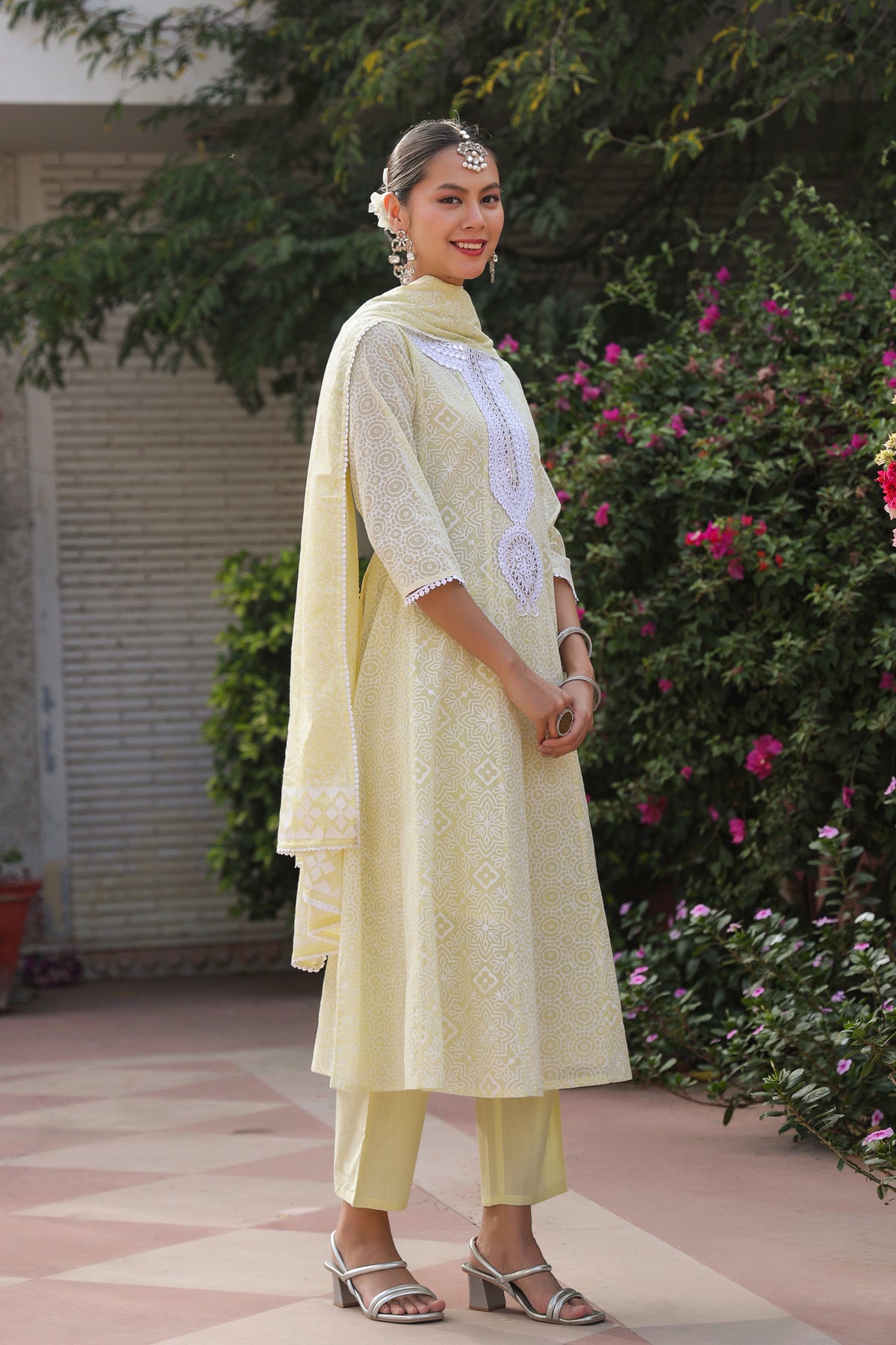Lime Green Cotton Mulmul Khari Printed Anarkali Set