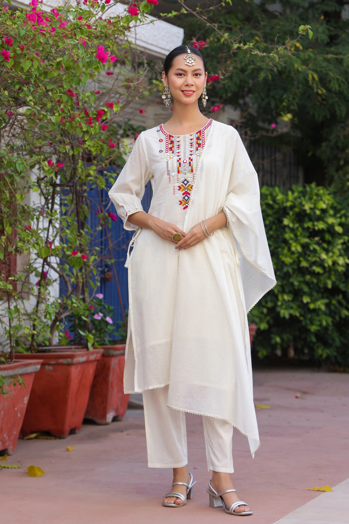 Ivory Cotton Mulmul Mirror Embroidered Straight Suit Set