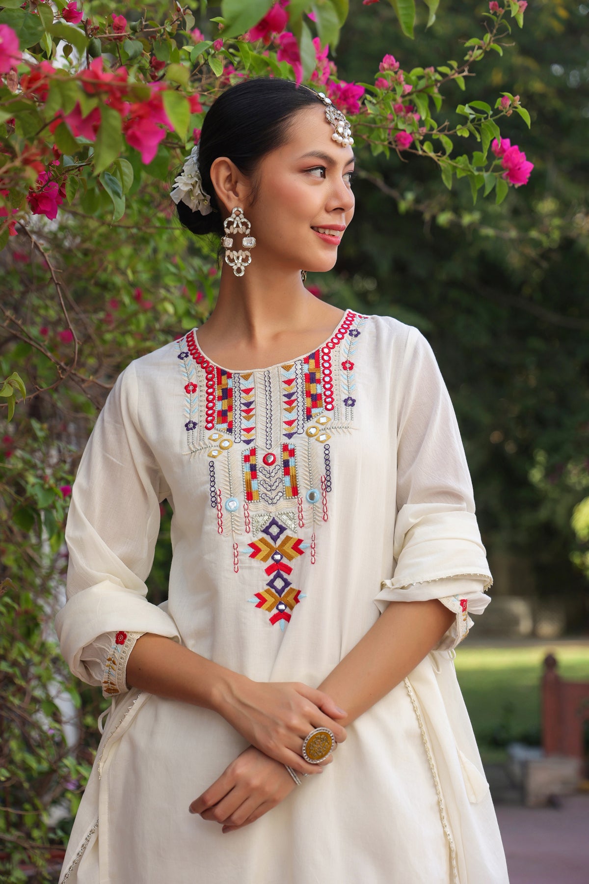 Ivory Cotton Mulmul Mirror Embroidered Straight Suit Set