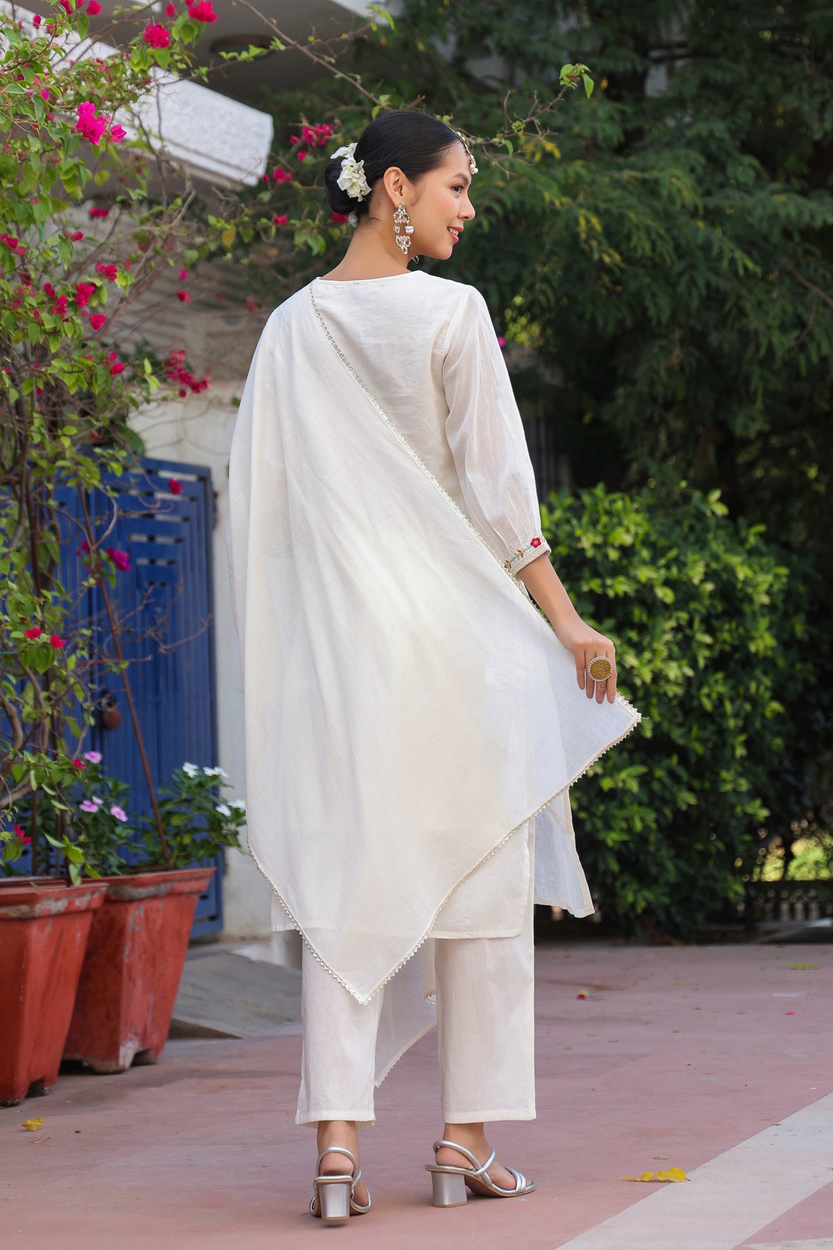 Ivory Cotton Mulmul Mirror Embroidered Straight Suit Set