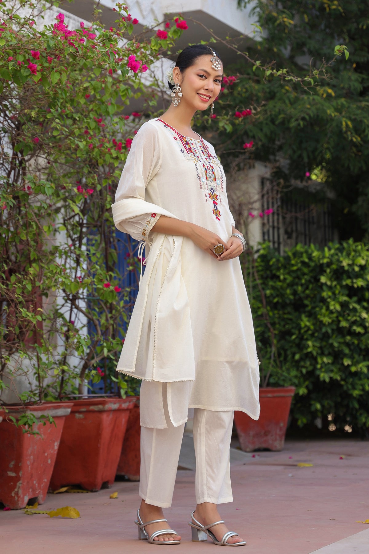 Ivory Cotton Mulmul Mirror Embroidered Straight Suit Set