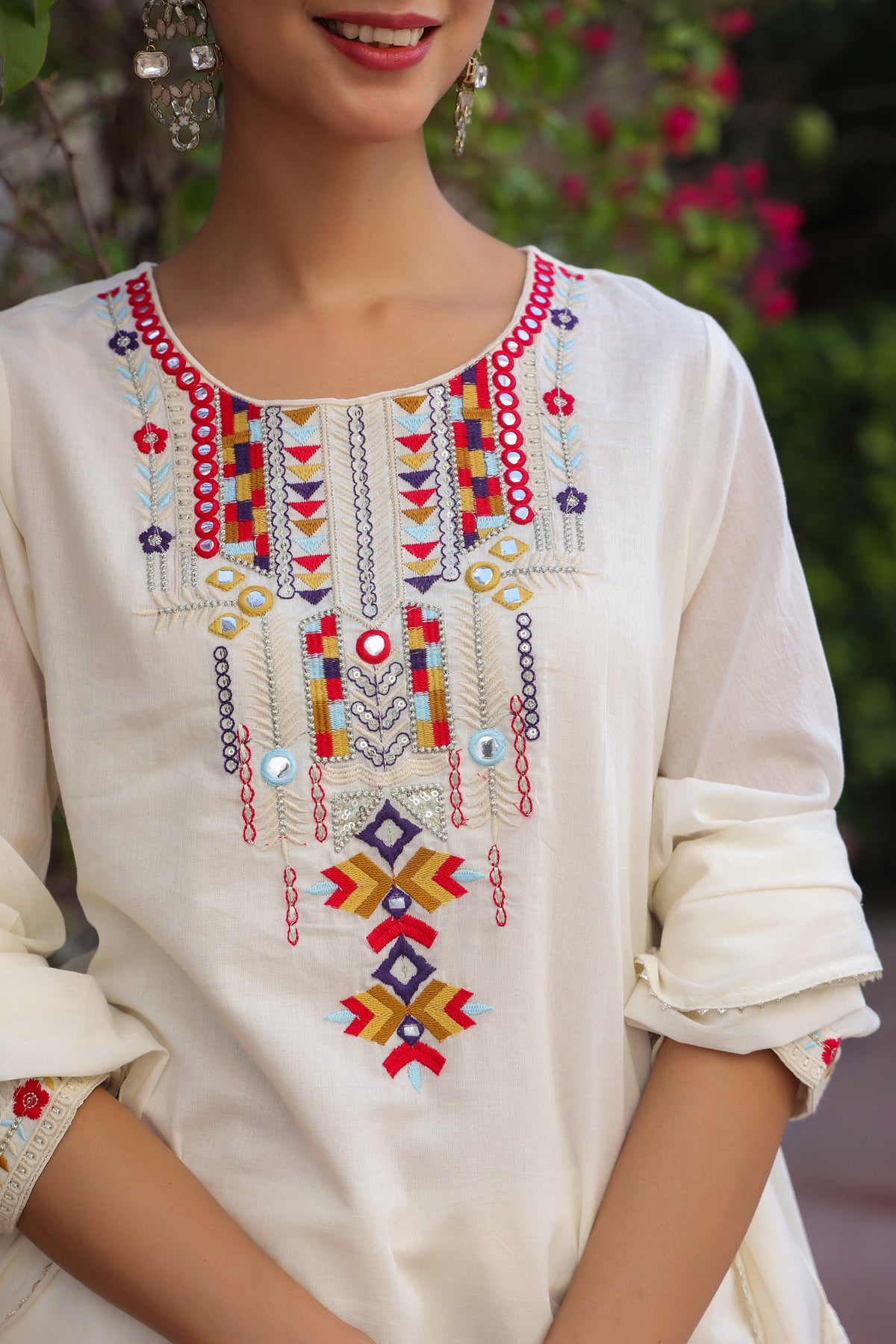 Ivory Cotton Mulmul Mirror Embroidered Straight Suit Set