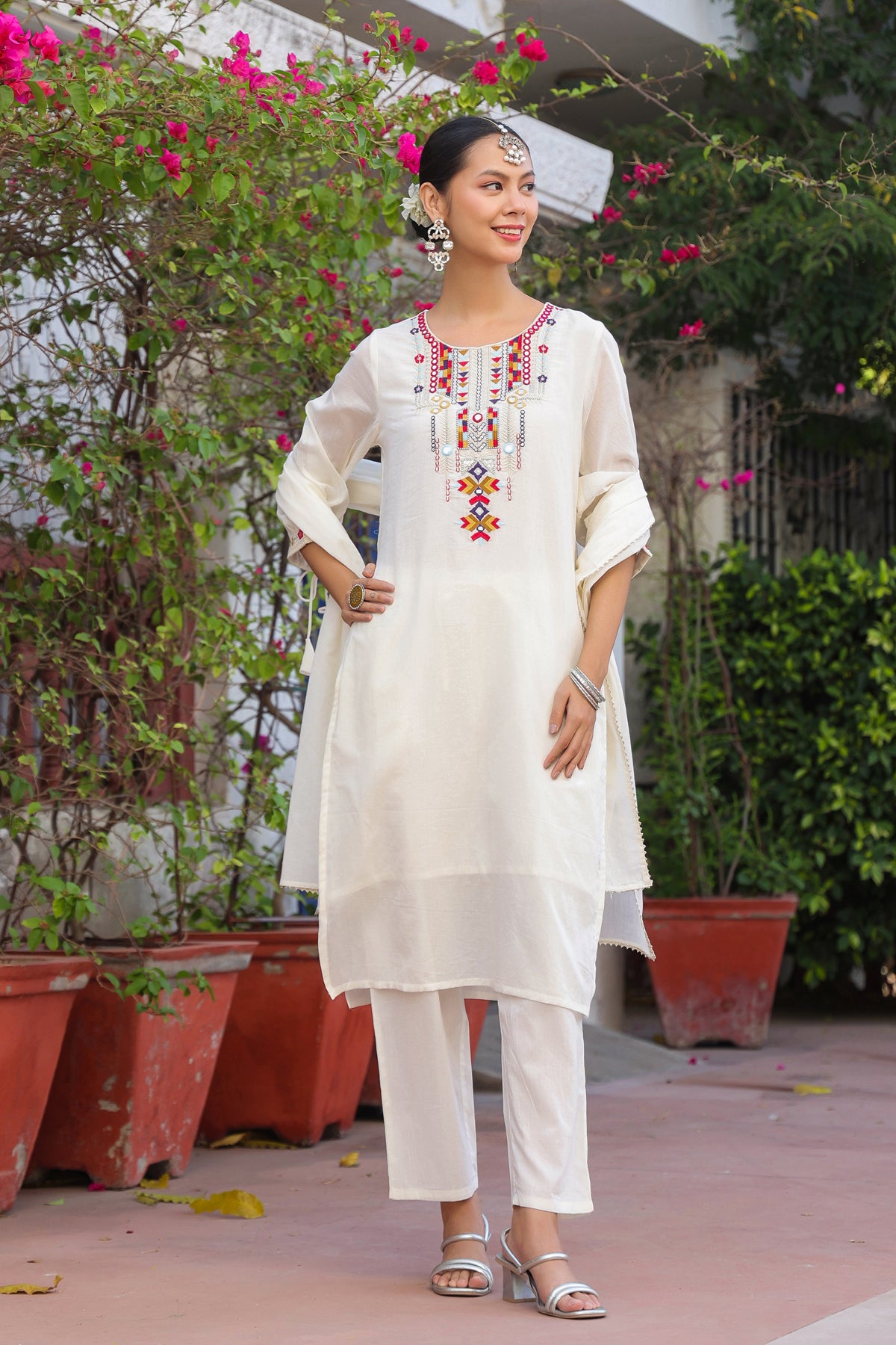 Ivory Cotton Mulmul Mirror Embroidered Straight Suit Set