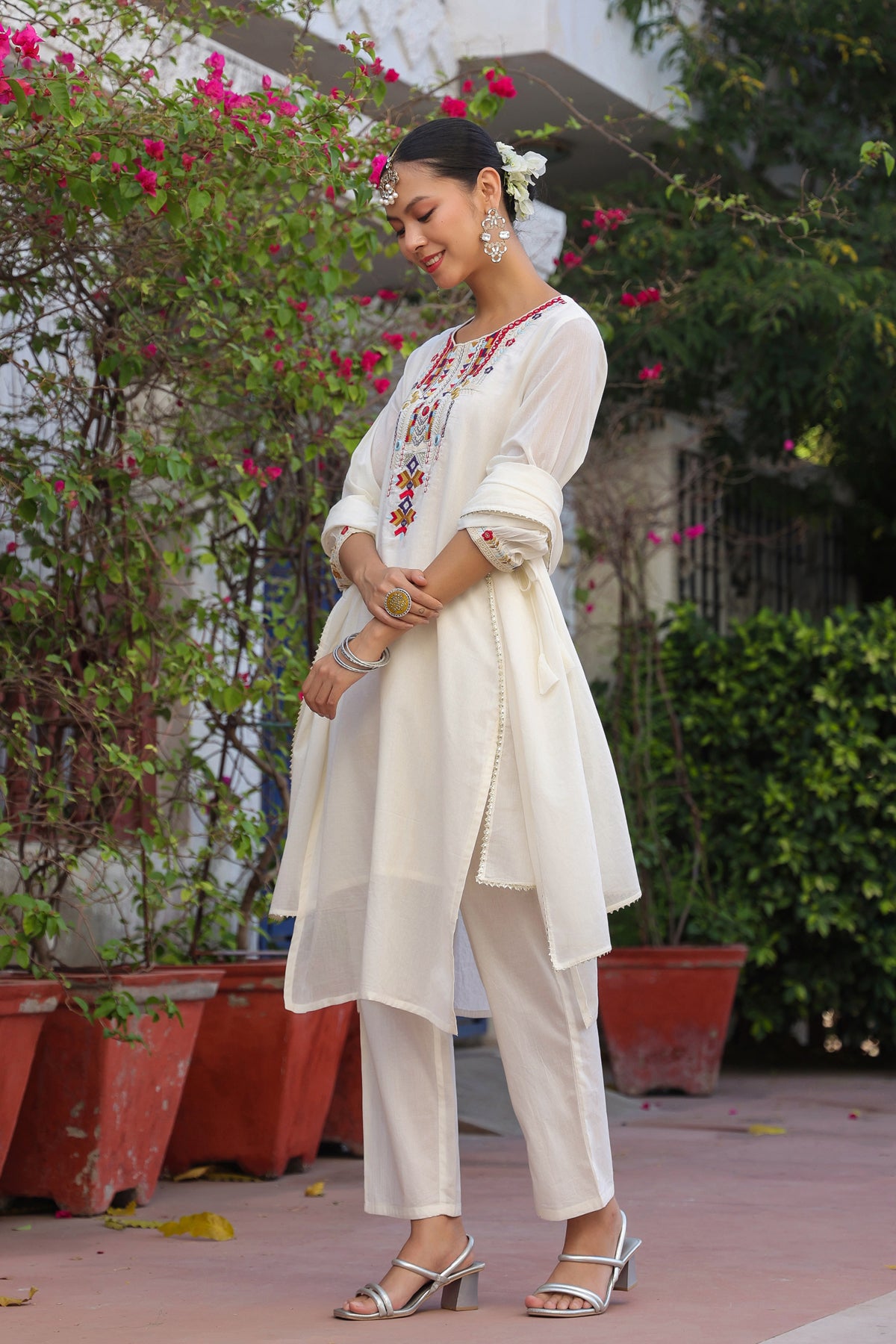 Ivory Cotton Mulmul Mirror Embroidered Straight Suit Set