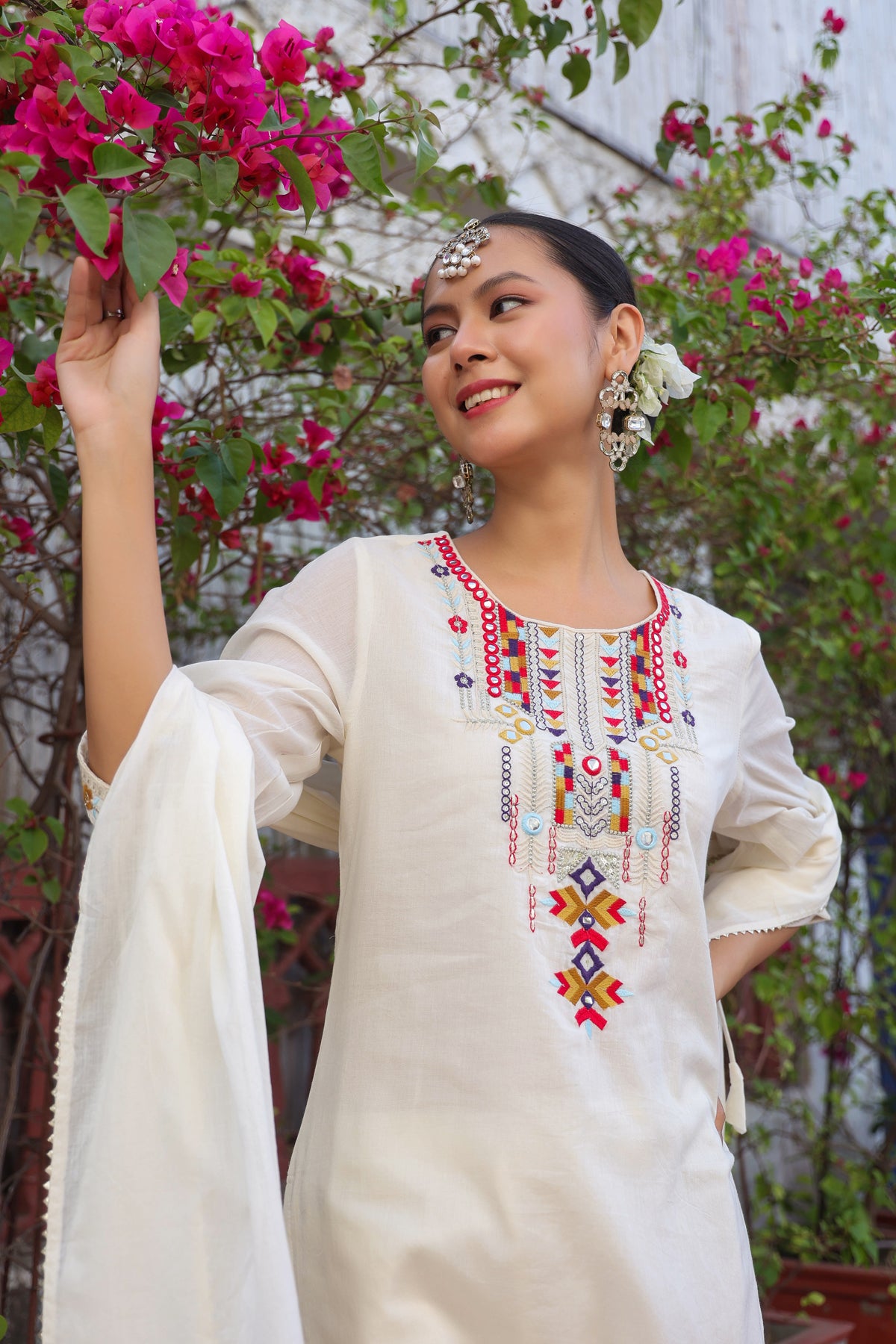 Ivory Cotton Mulmul Mirror Embroidered Straight Suit Set